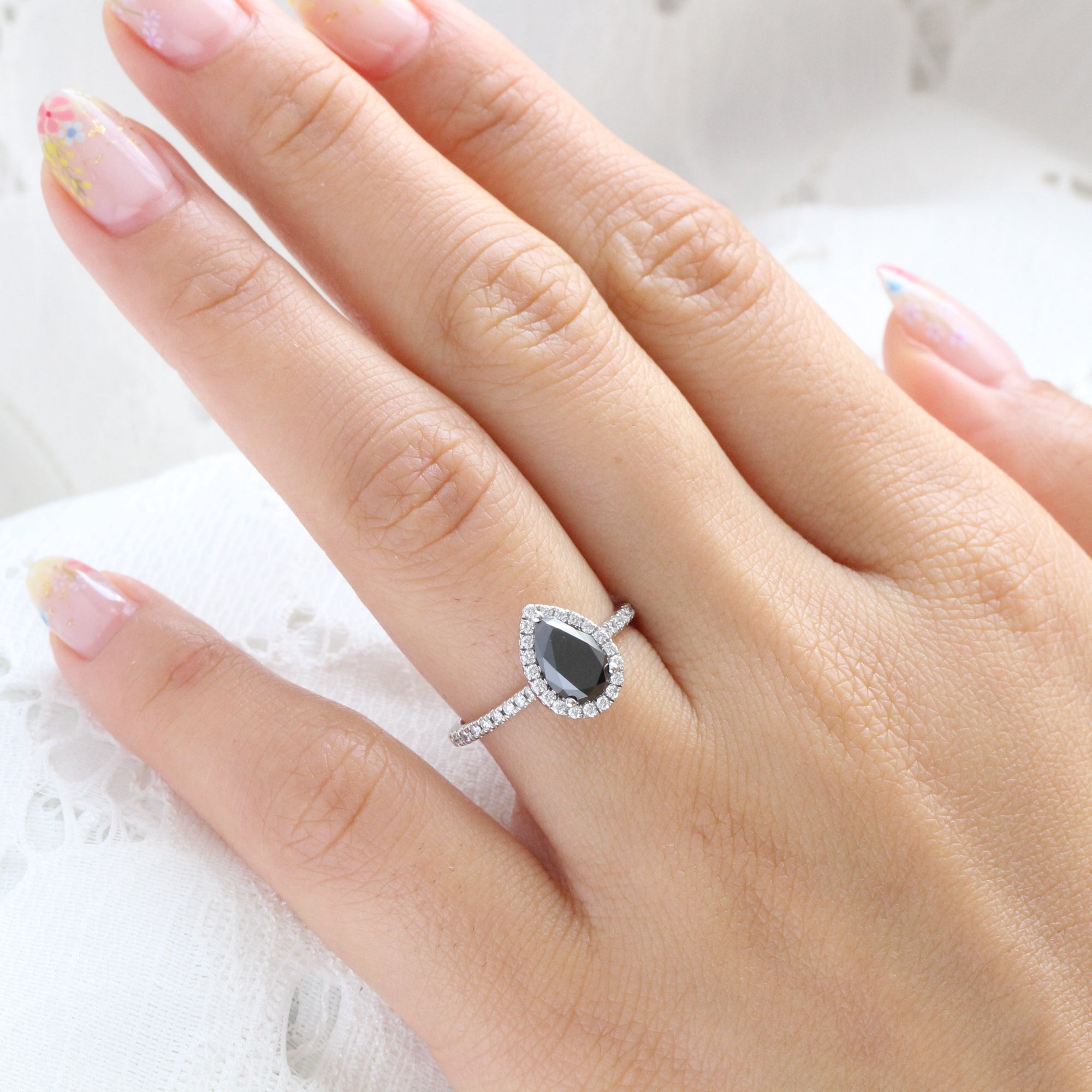 pear black diamond engagement ring in white gold halo diamond ring by la more design jewelry