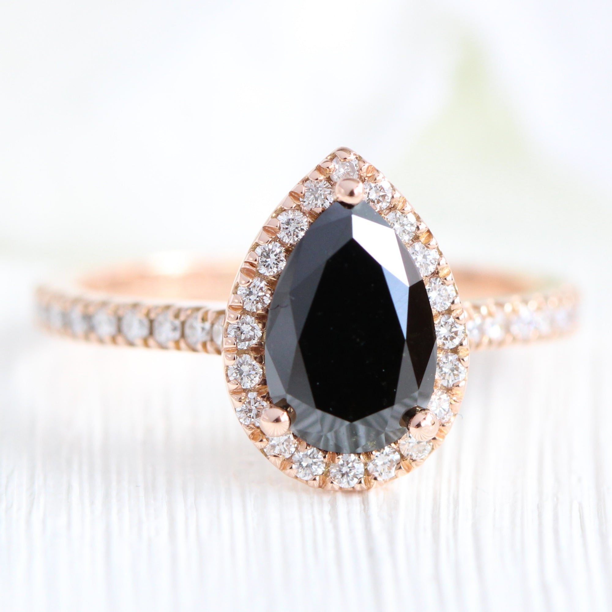 pear black diamond engagement ring rose gold halo diamond ring by la more design jewelry