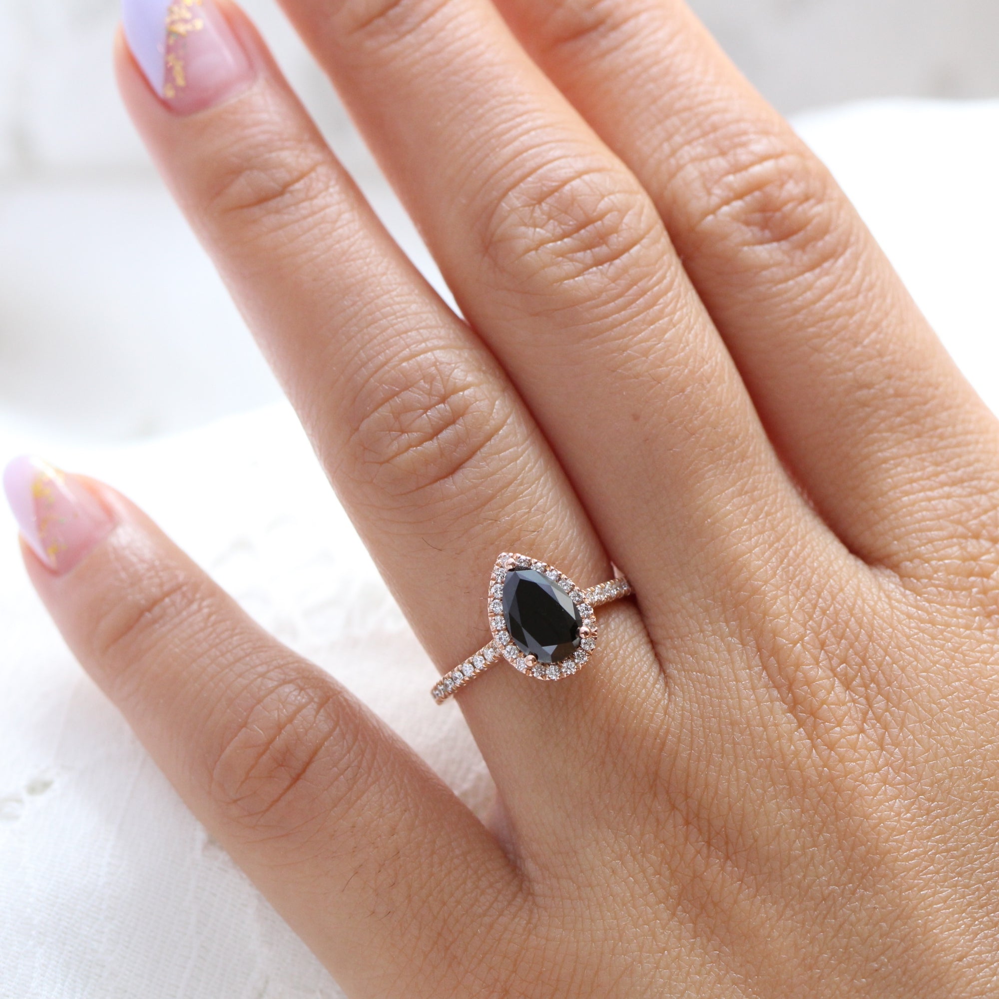 pear black diamond engagement ring rose gold halo diamond ring by la more design jewelry