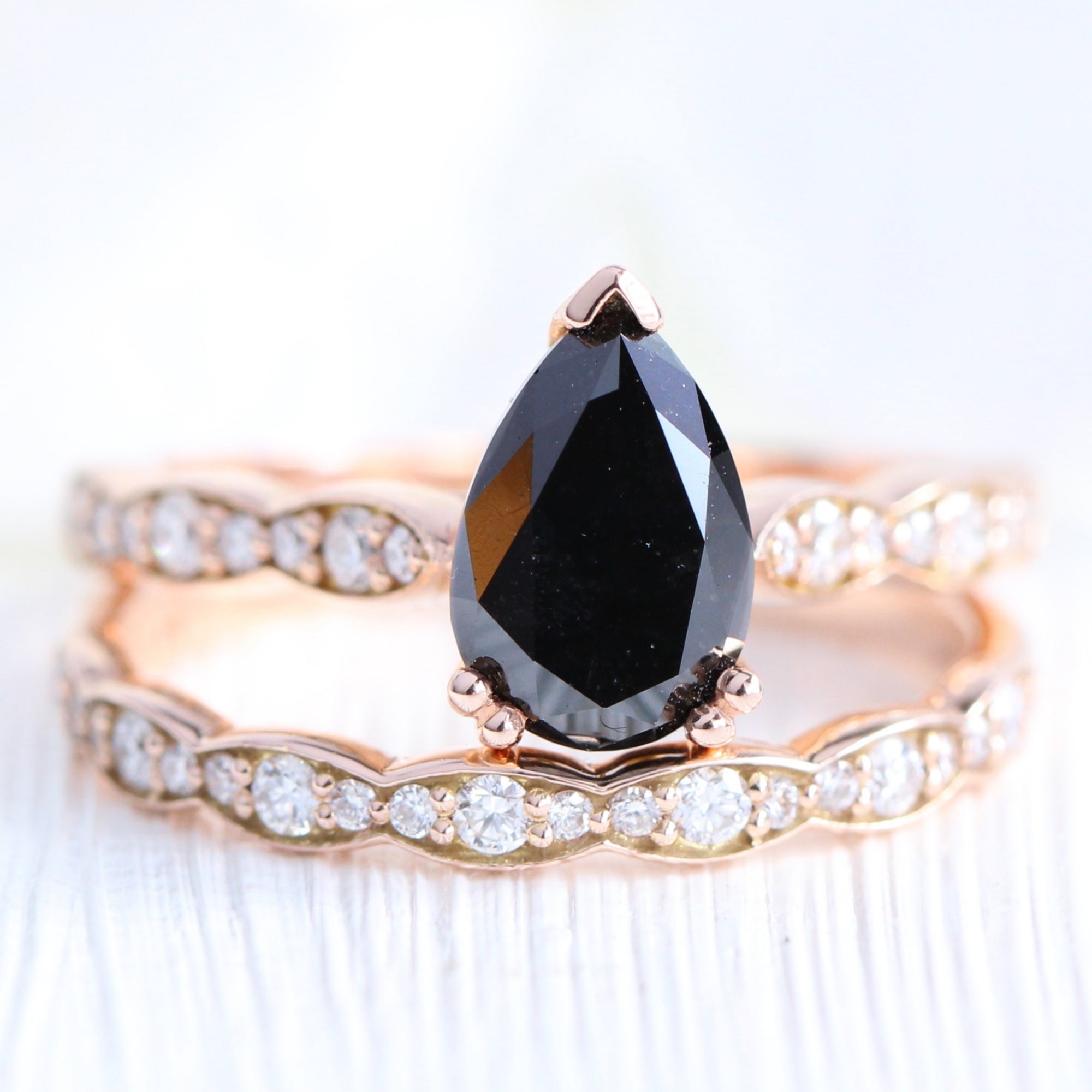 pear black diamond engagement ring rose gold matching diamond wedding band bridal ring set la more design jewelry