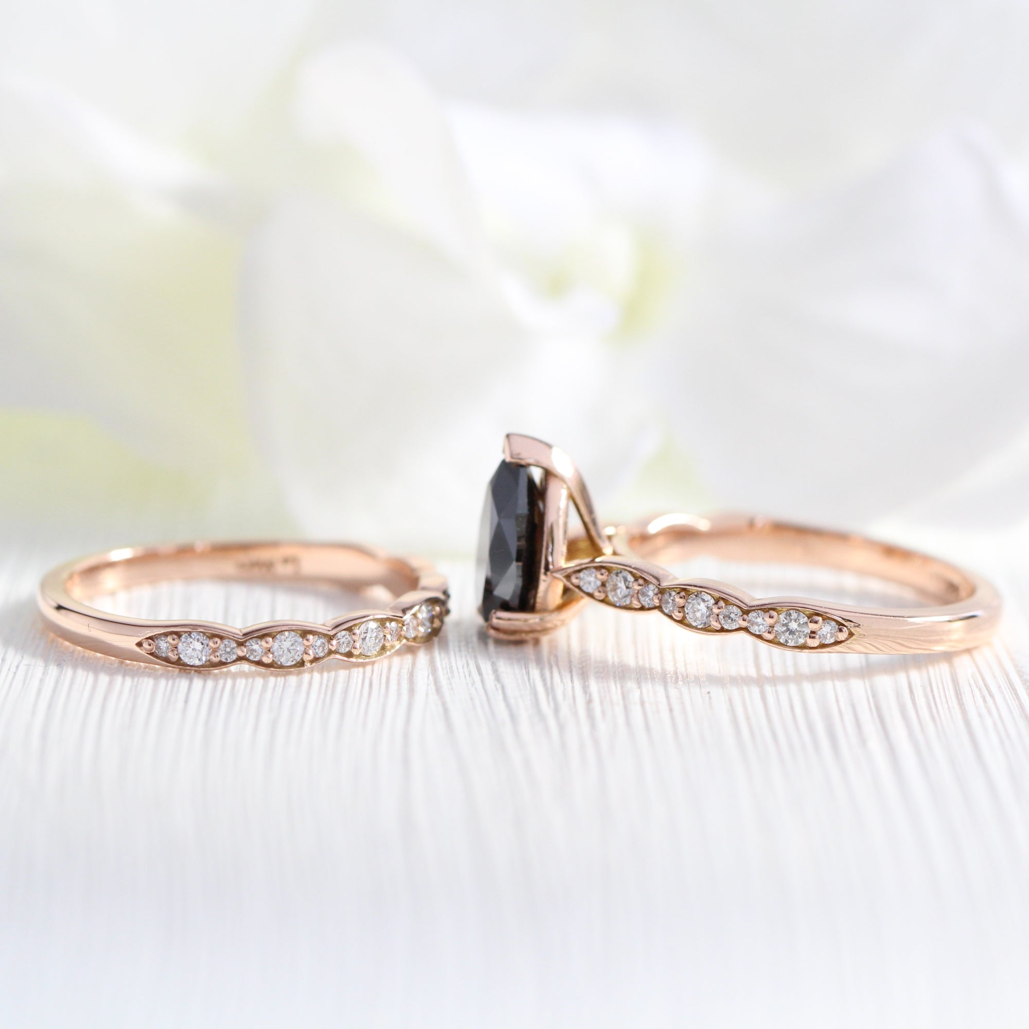 pear black diamond engagement ring rose gold matching diamond wedding band bridal ring set la more design jewelry