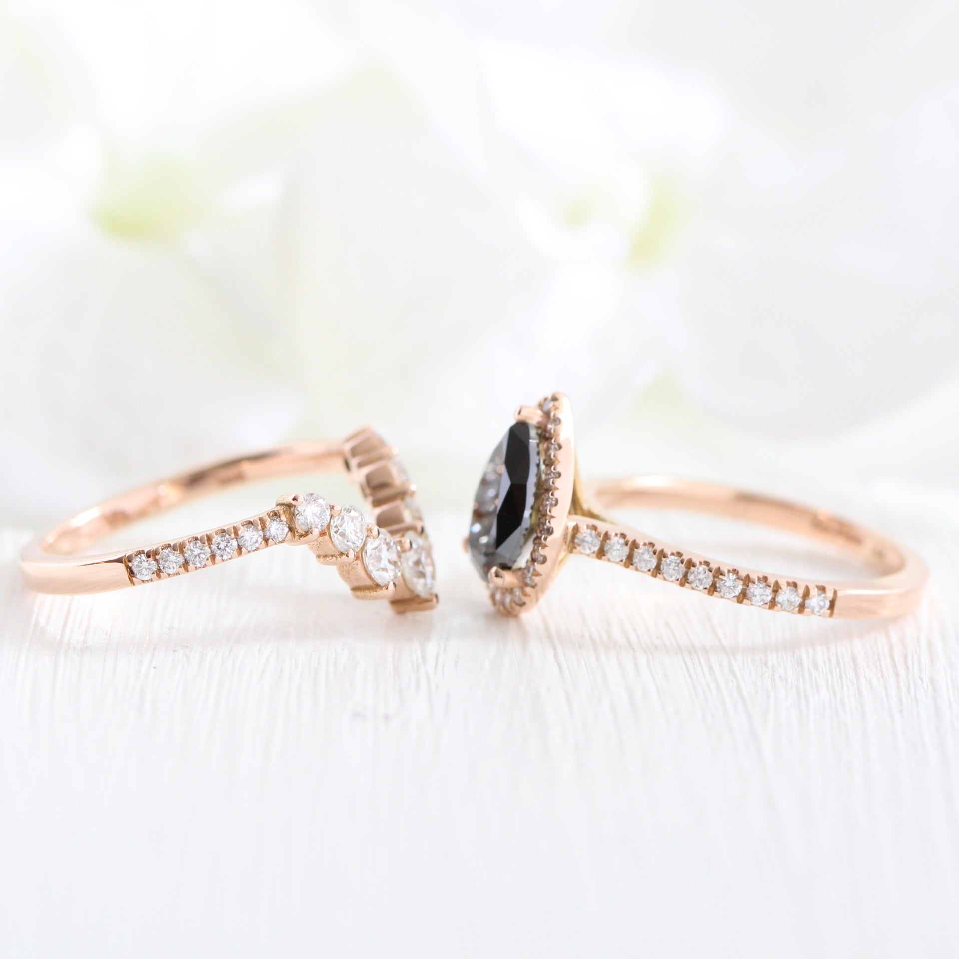 Black Diamond Engagement Ring Cluster Wedding Ring Set Halo Pear Ring ...