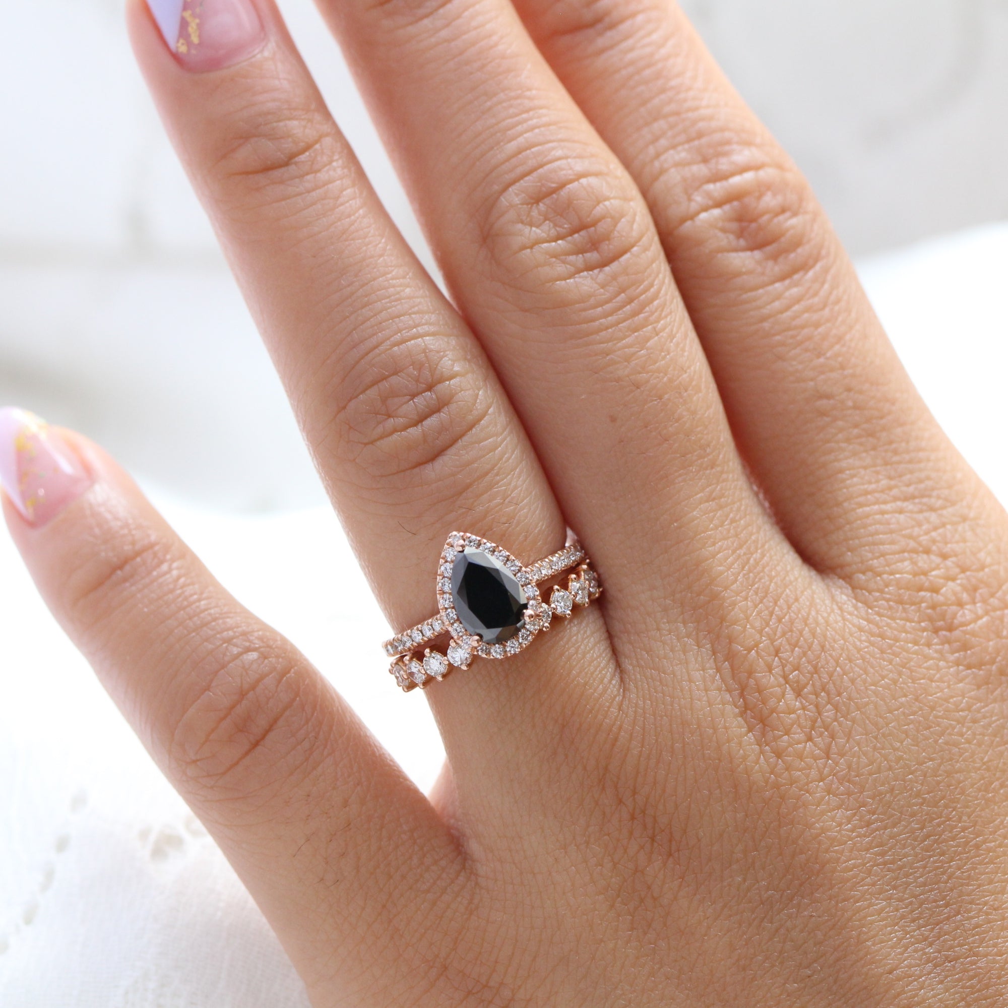 Teardrop shops Black Onyx Bridal Ring Set- Pear Black Diamond Alternative Engagement 2 Ring Set- Black Halo Ring with Wedding Band