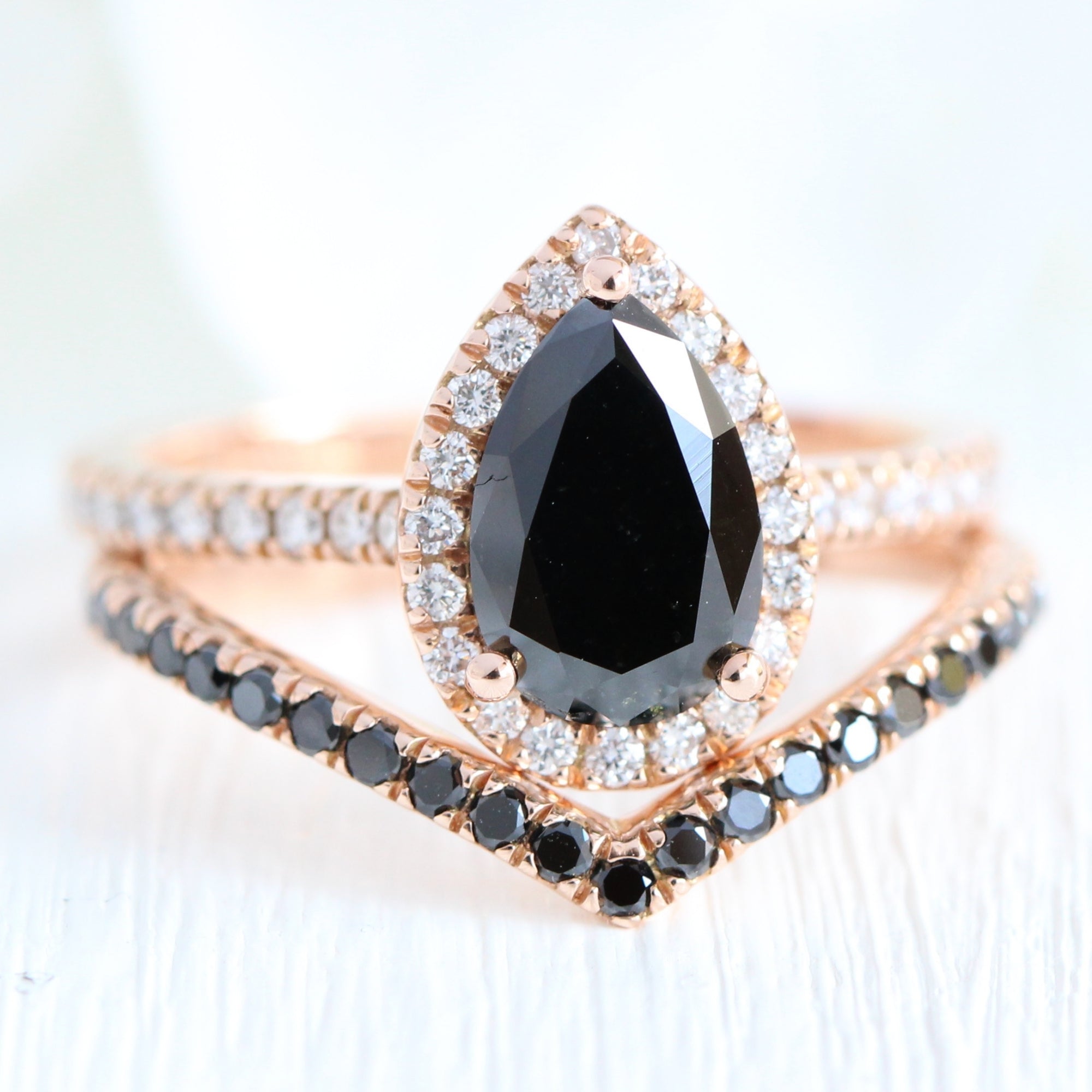 pear black diamond ring rose gold v shaped diamond wedding band stacking rings la more design jewelry