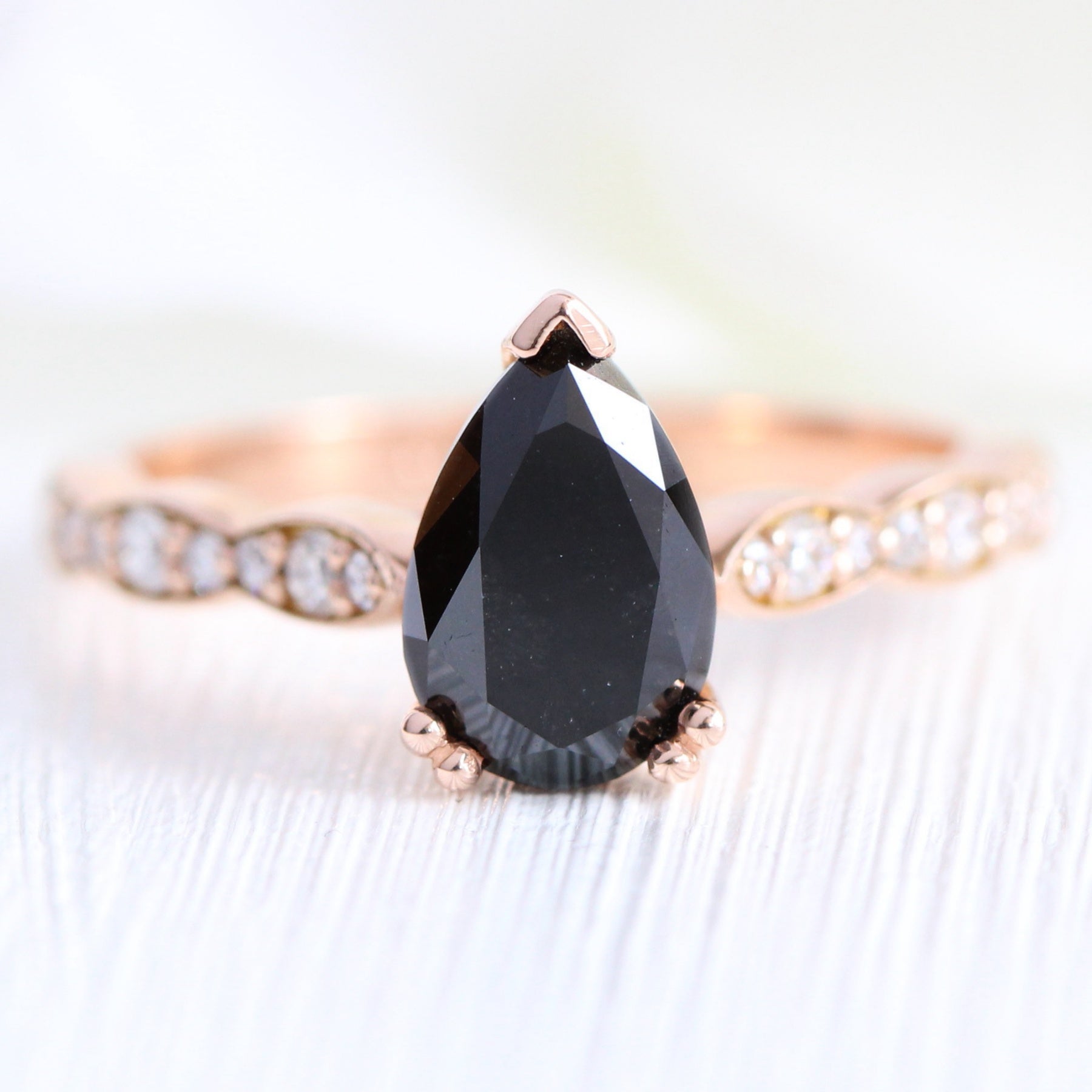 pear black diamond solitaire engagement ring in rose gold low profile ring by la more design jewelry