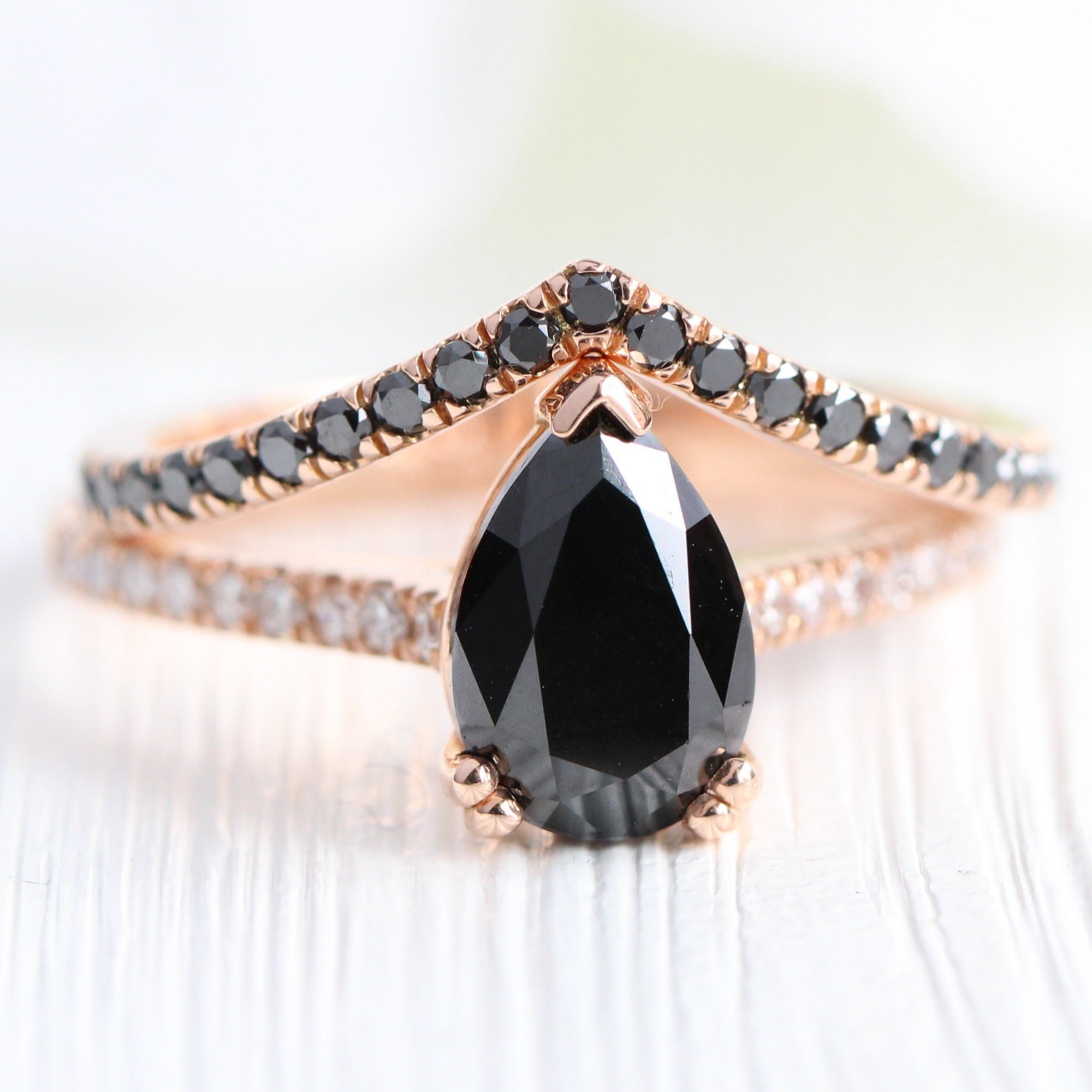 pear black diamond ring rose gold v shaped diamond wedding band stacking rings la more design jewelry