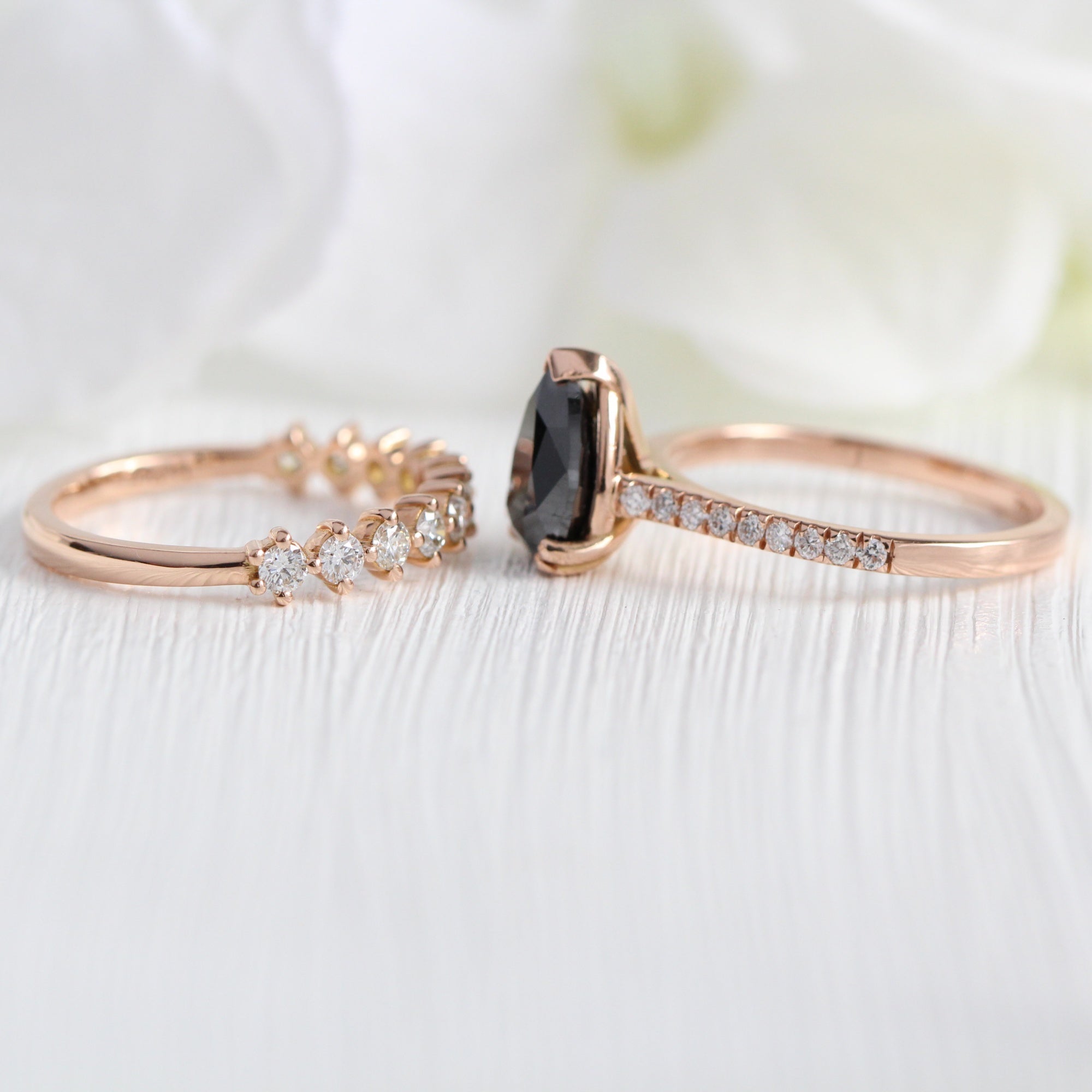 pear black diamond solitaire ring rose gold matching diamond wedding band bridal set la more design jewelry