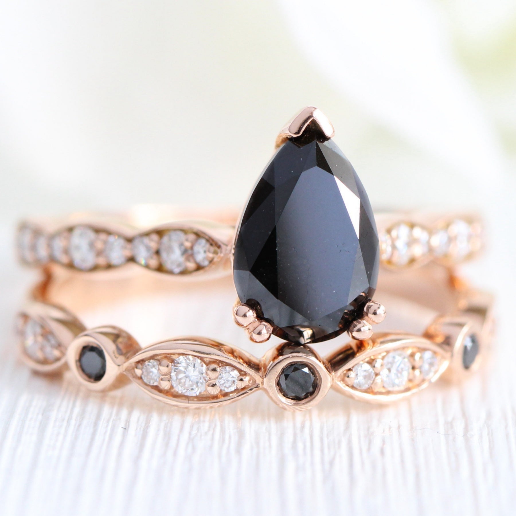 pear black diamond solitaire ring wedding set in rose gold low profile ring bridal set by la more design jewelry