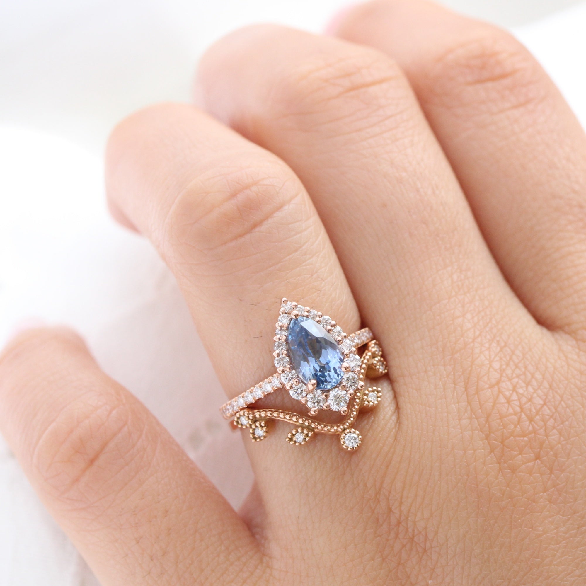 Aqua Blue Sapphire Diamond Ring Rose Gold Halo Pear Engagement