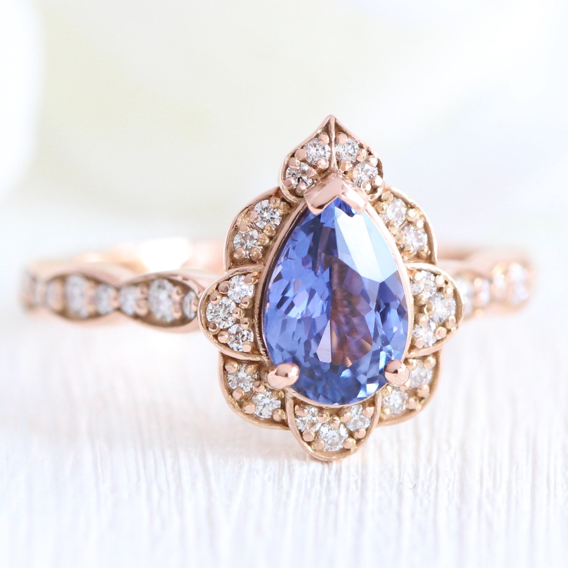 Blue Purple Sapphire Diamond Ring Rose Gold Vintage Halo Pear Ring | La ...