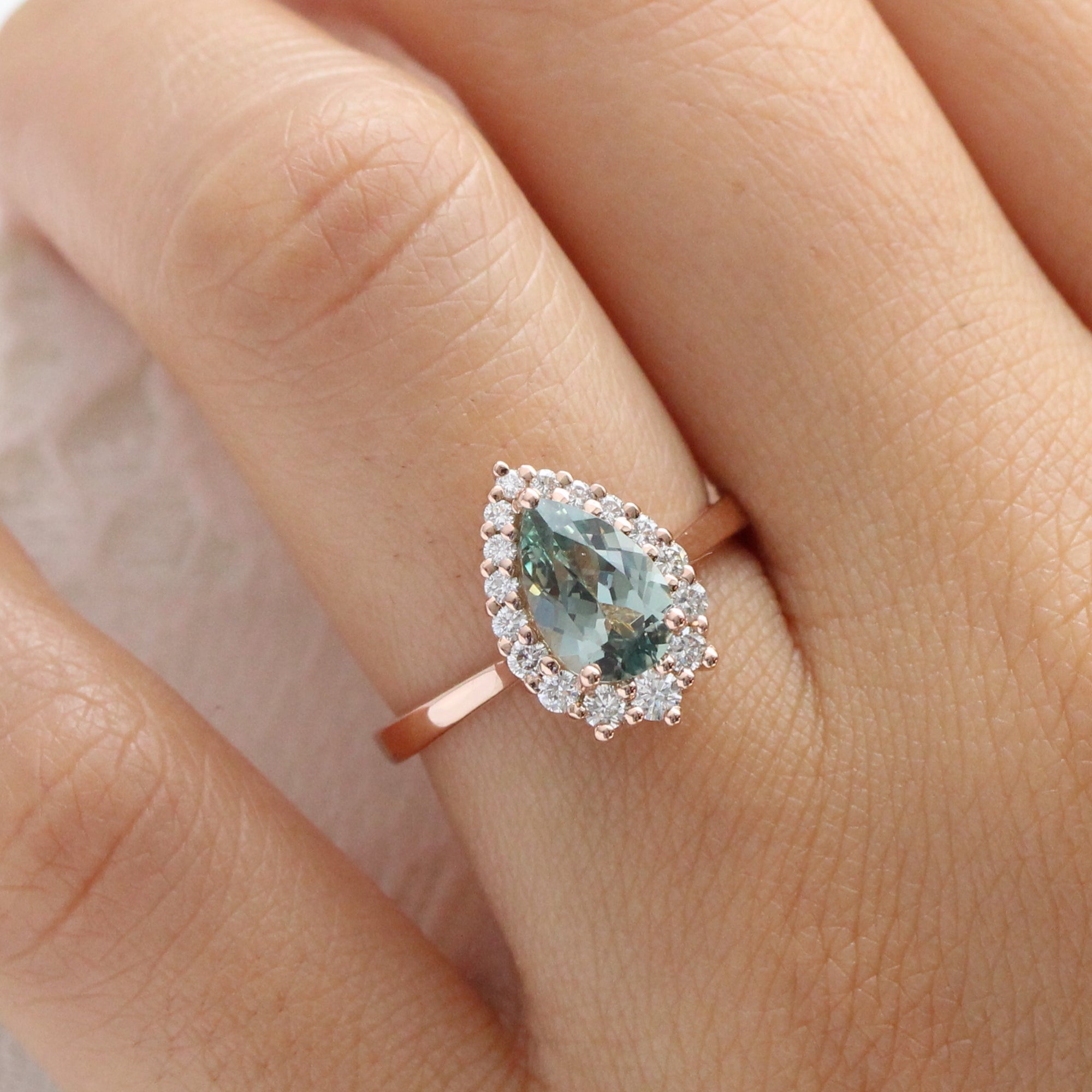 pear green sapphire engagement ring halo diamond engagement ring la more design jewelry