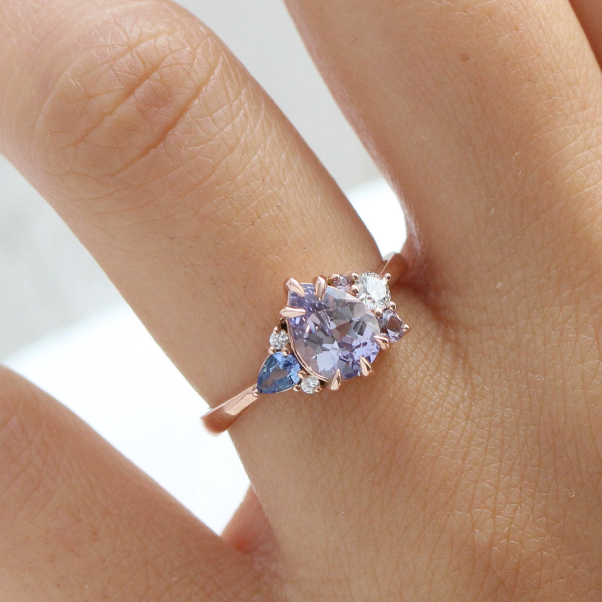 pear lavender purple sapphire diamond ring rose gold cluster ring la more design jewelry