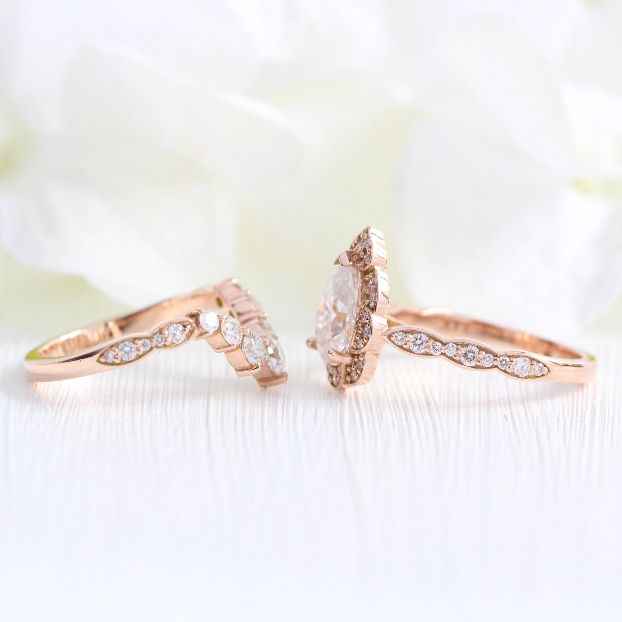 pear moissanite engagement ring rose gold diamond stacking ring wedding set la more design jewelry