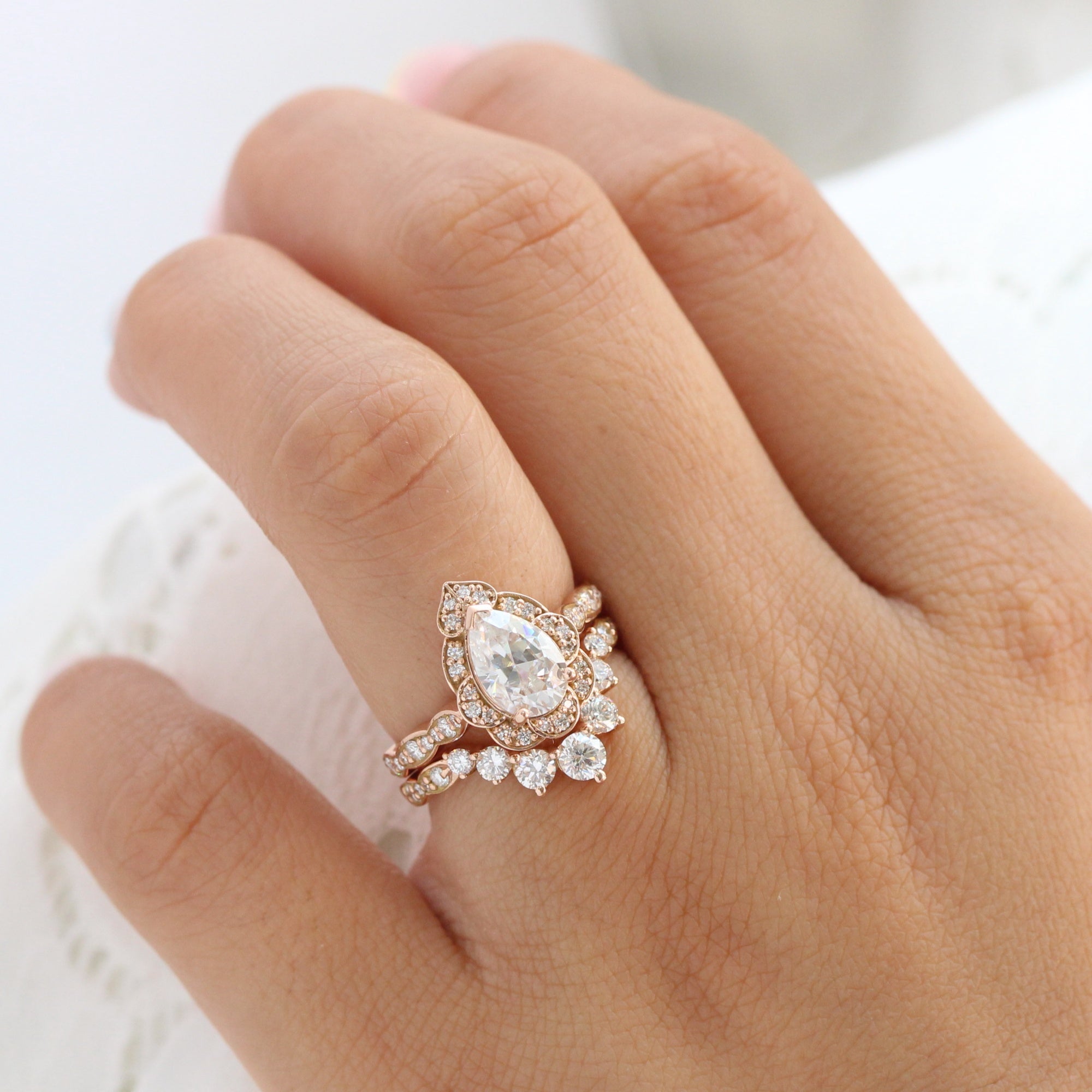 pear moissanite engagement ring rose gold diamond stacking ring wedding set la more design jewelry