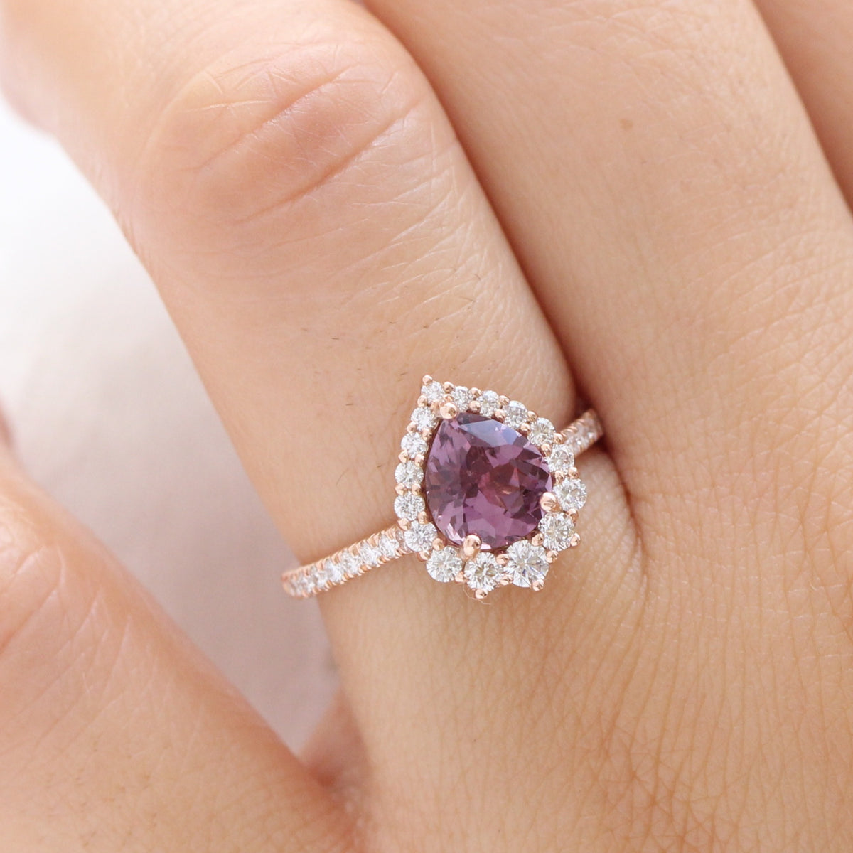 pear pink purple sapphire ring rose gold halo diamond ring pave diamond band la more design jewelry