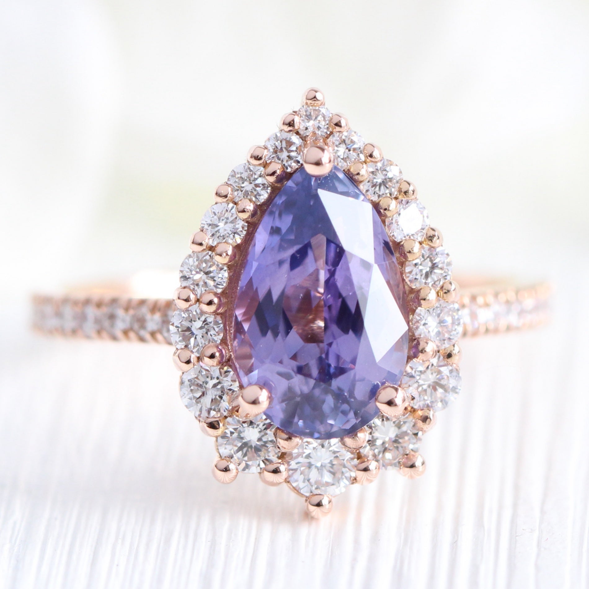 pear purple sapphire ring rose gold halo diamond ring pave diamond band la more design jewelry