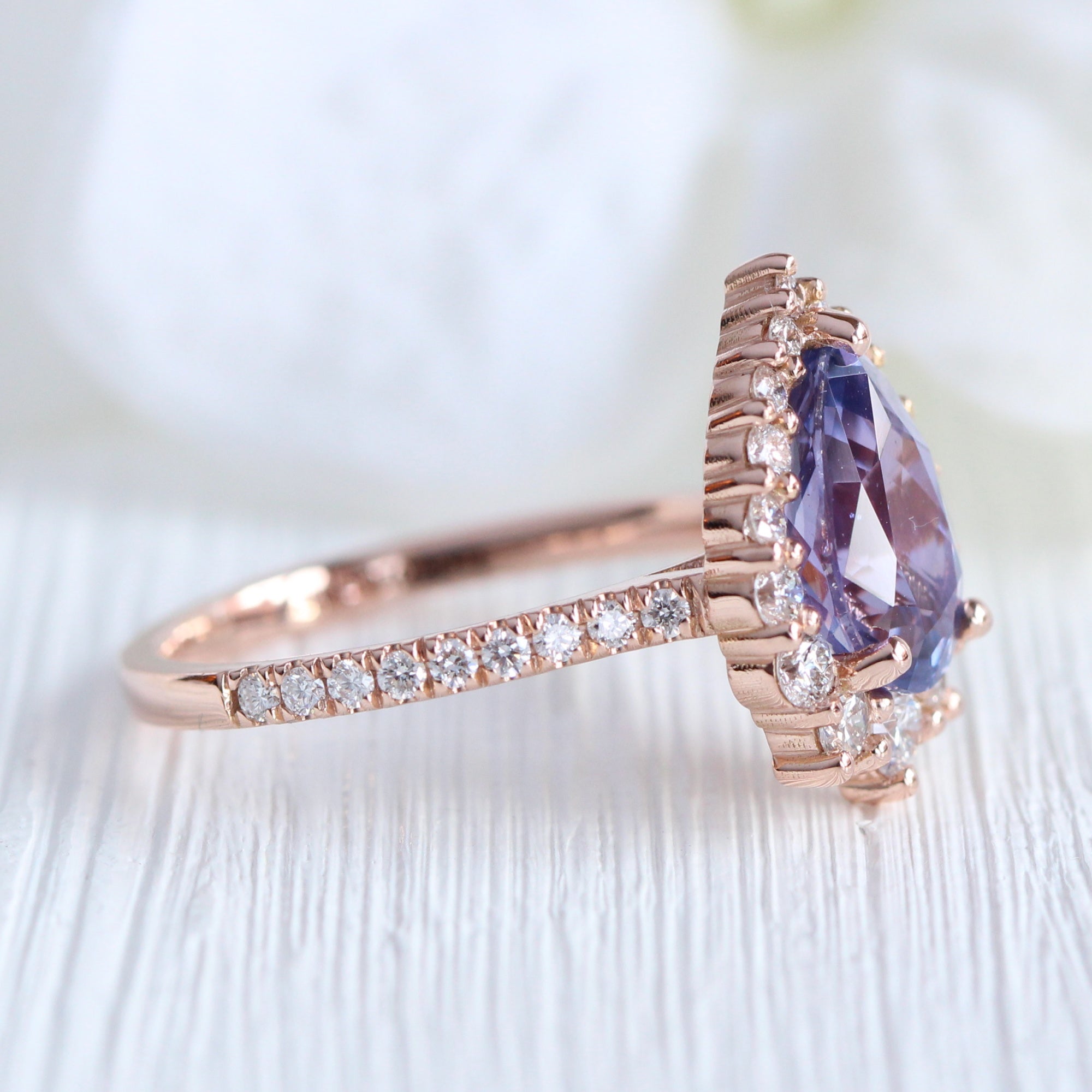 pear purple sapphire ring rose gold halo diamond ring pave diamond band la more design jewelry