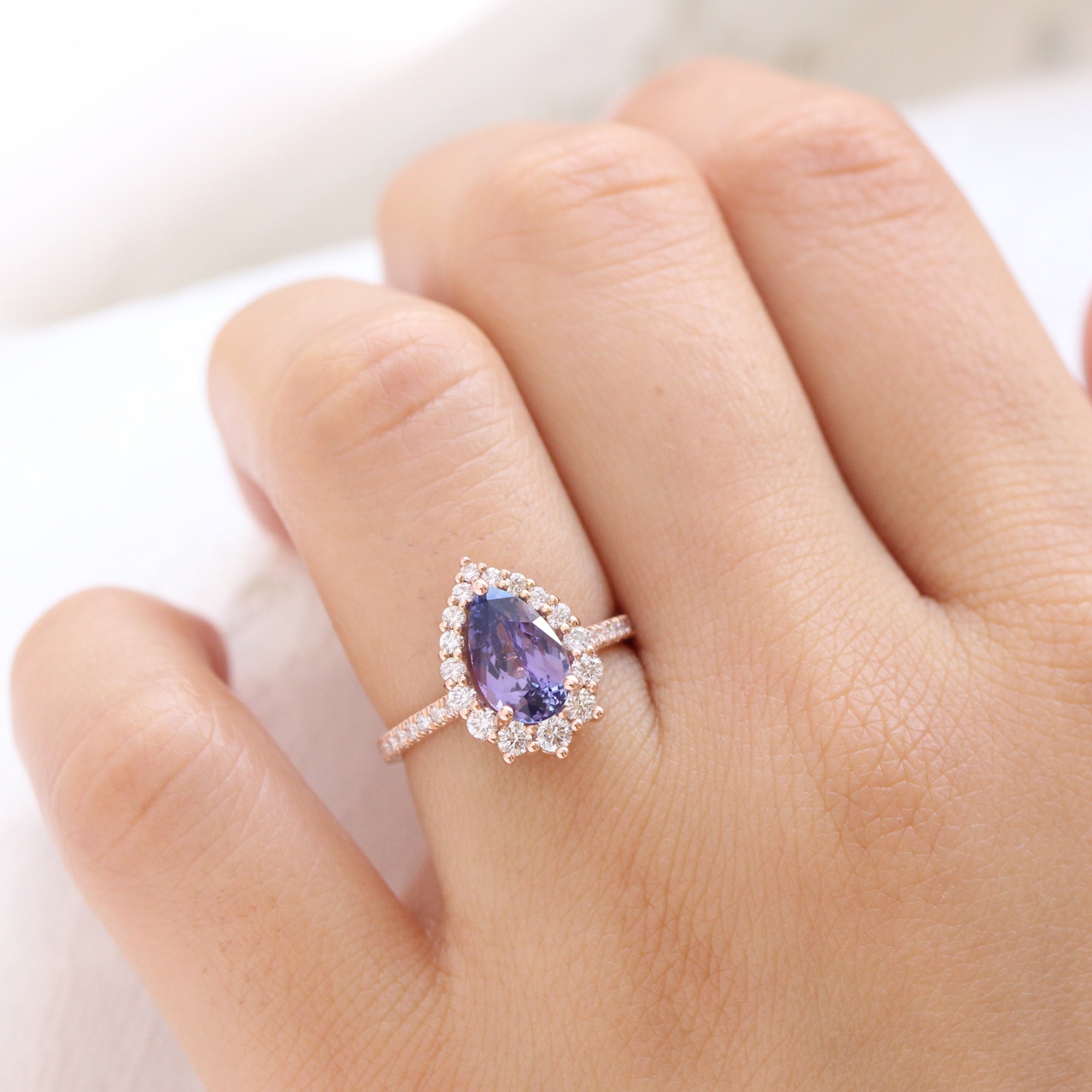 pear purple sapphire ring rose gold halo diamond ring pave diamond band la more design jewelry