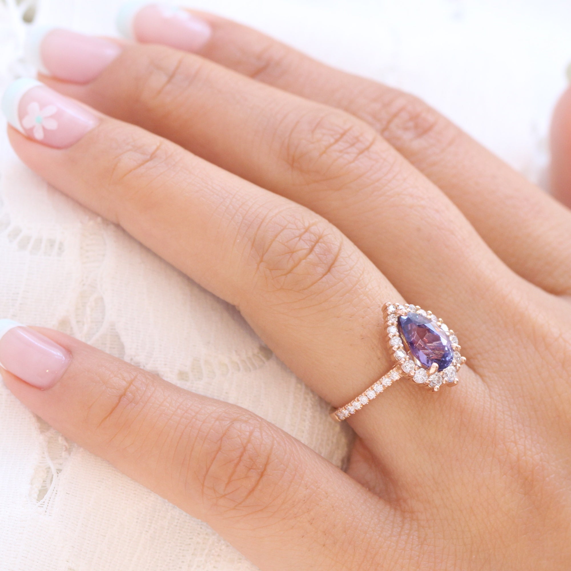 pear purple sapphire ring rose gold halo diamond ring pave diamond band la more design jewelry