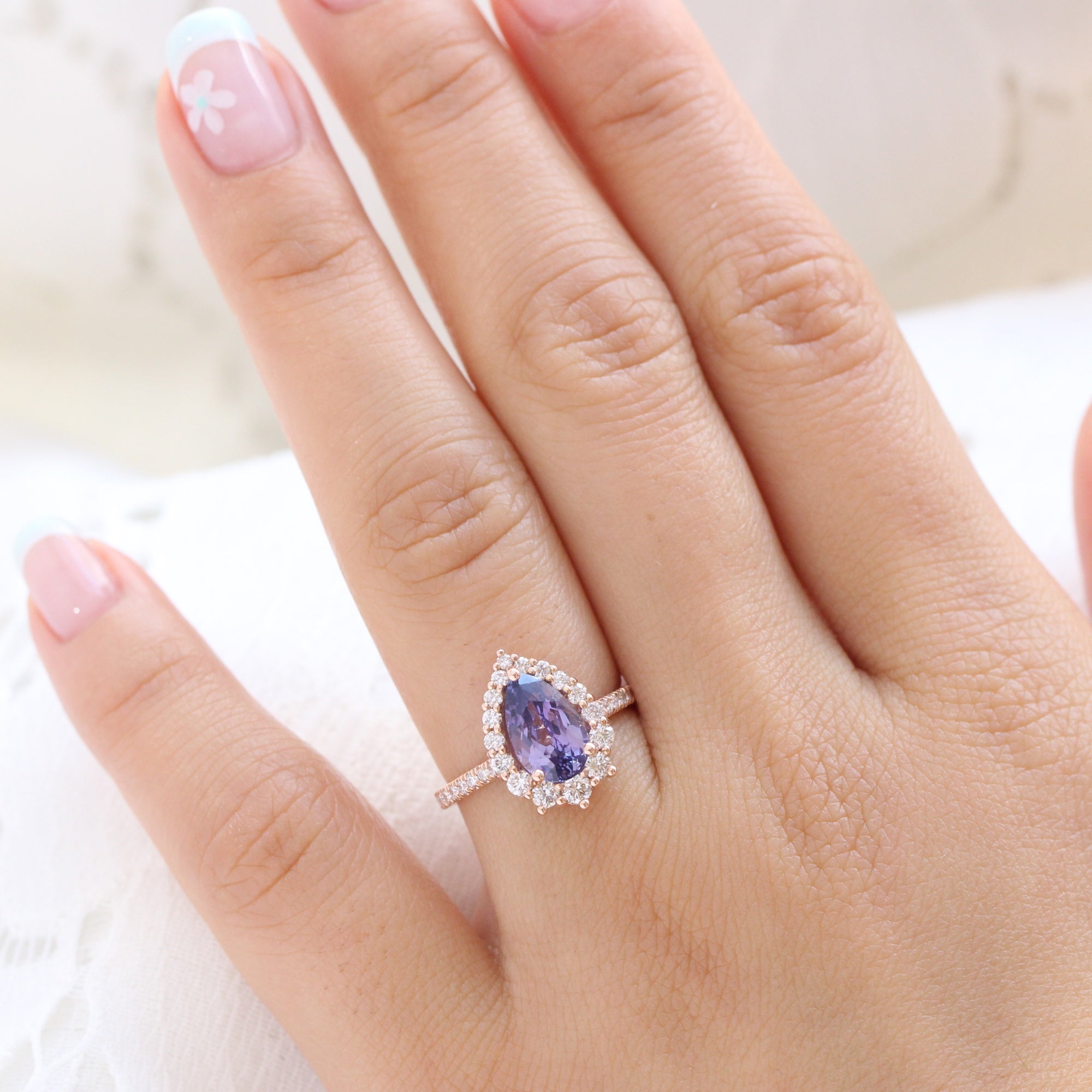 pear purple sapphire ring rose gold halo diamond ring pave diamond band la more design jewelry