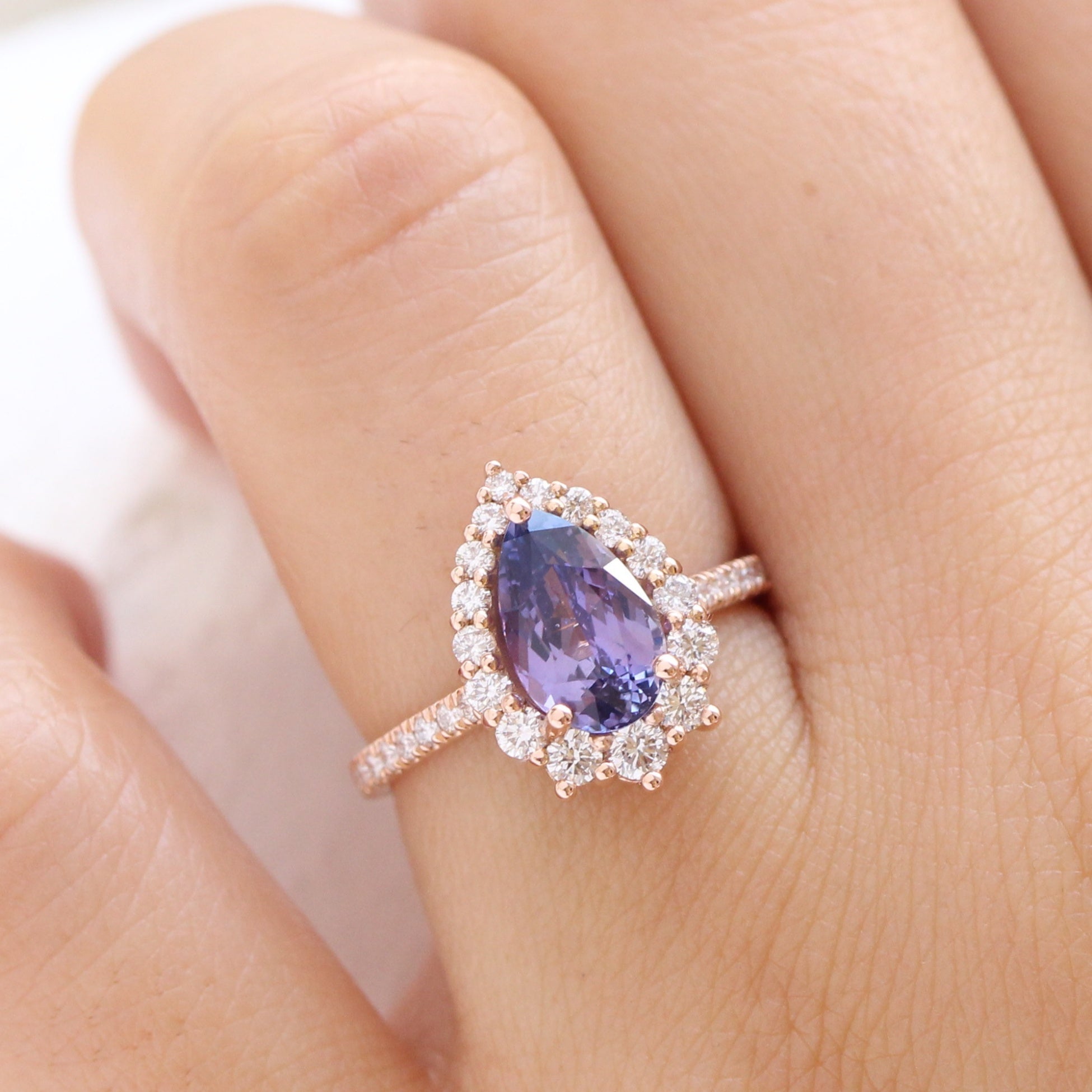 pear purple sapphire ring rose gold halo diamond ring pave diamond band la more design jewelry