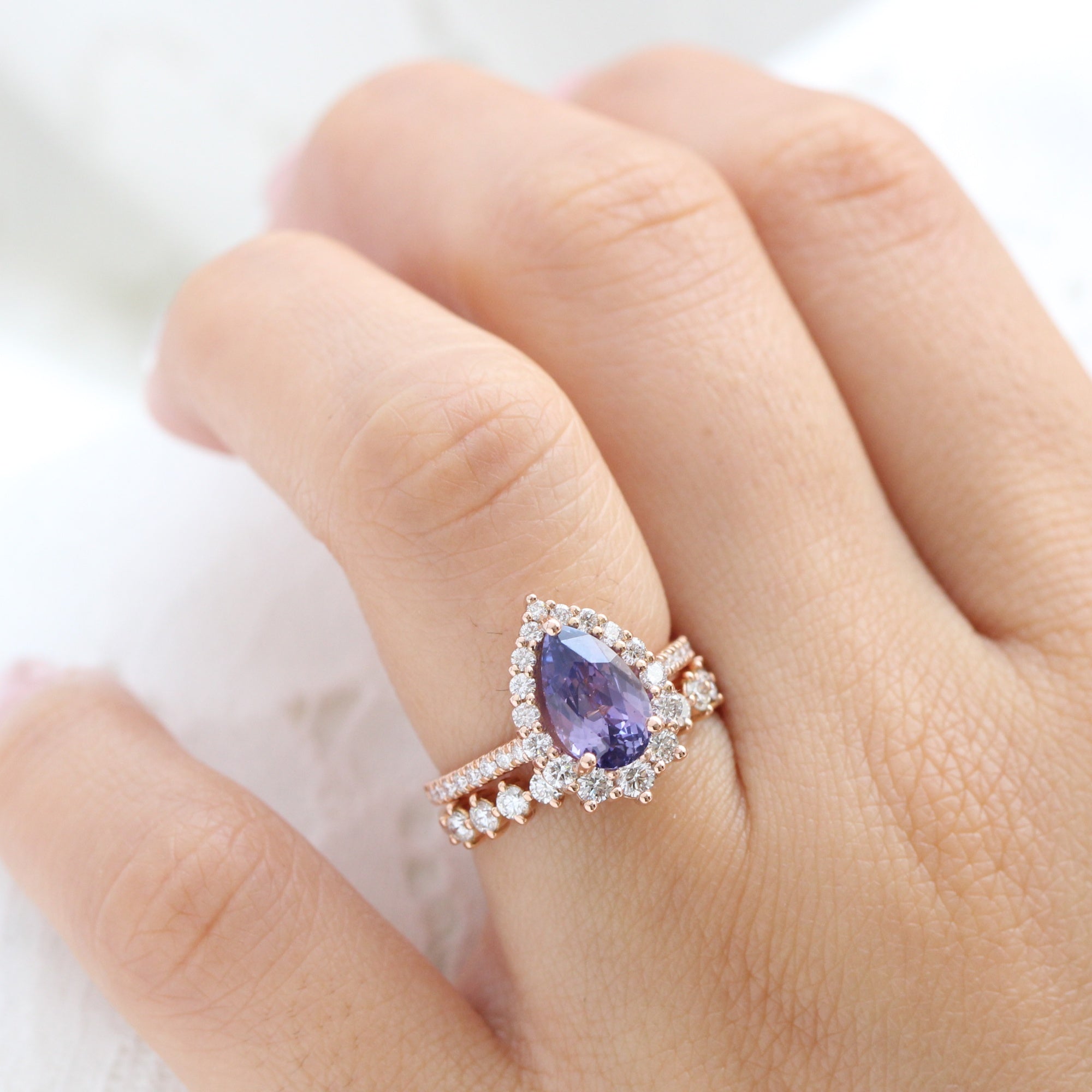 pear purple sapphire ring rose gold halo diamond ring pave diamond band la more design jewelry