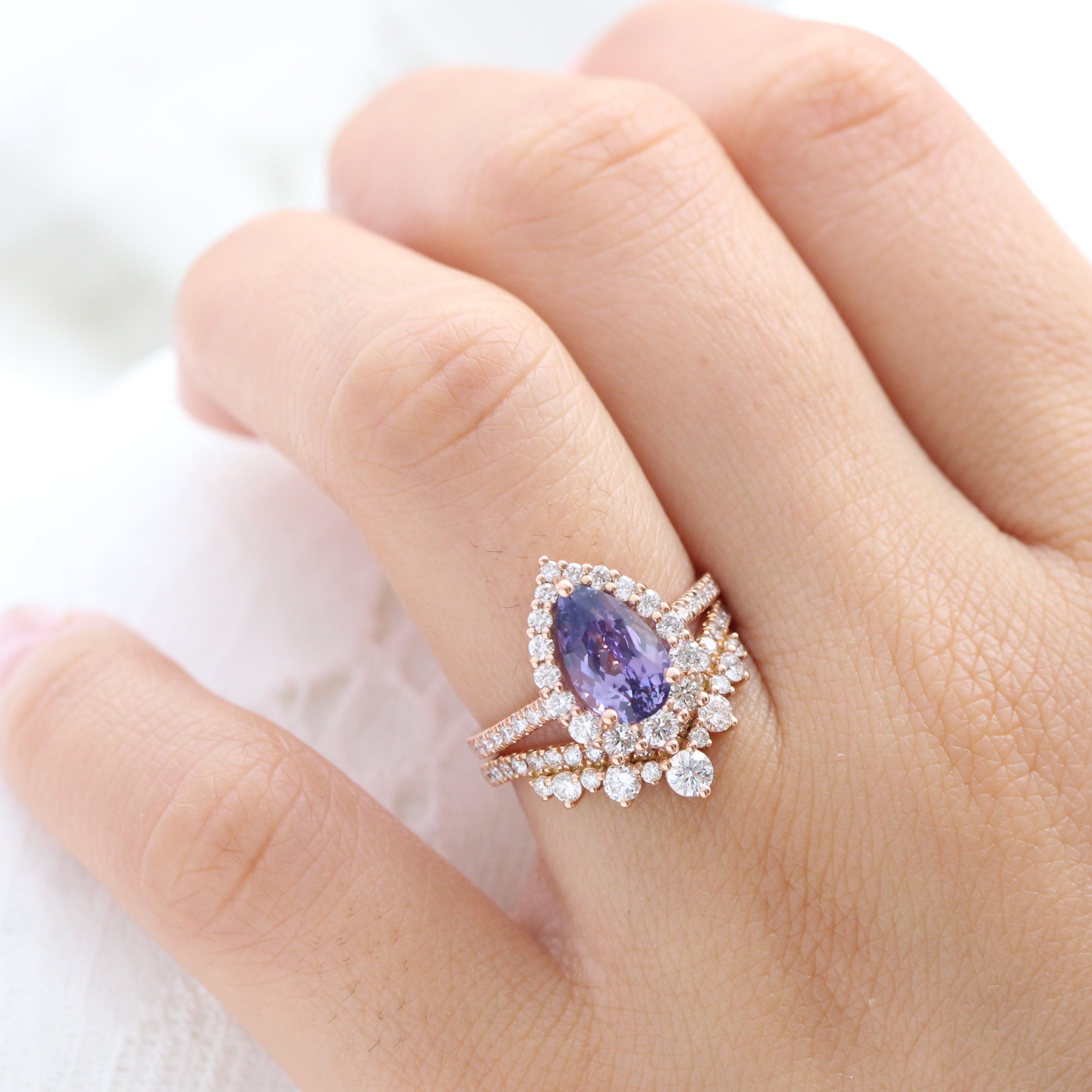 Pear Purple Amethyst Engagement Ring Set Shaped Band