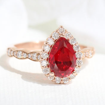 Pear Ruby Engagement Ring Rose Gold Large 7 Diamond U Wedding Band Set ...