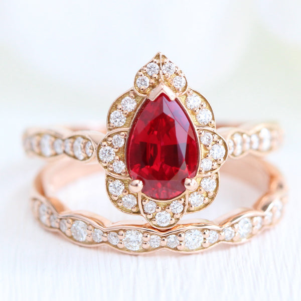 Vintage Halo Diamond Pear Ruby Necklace
