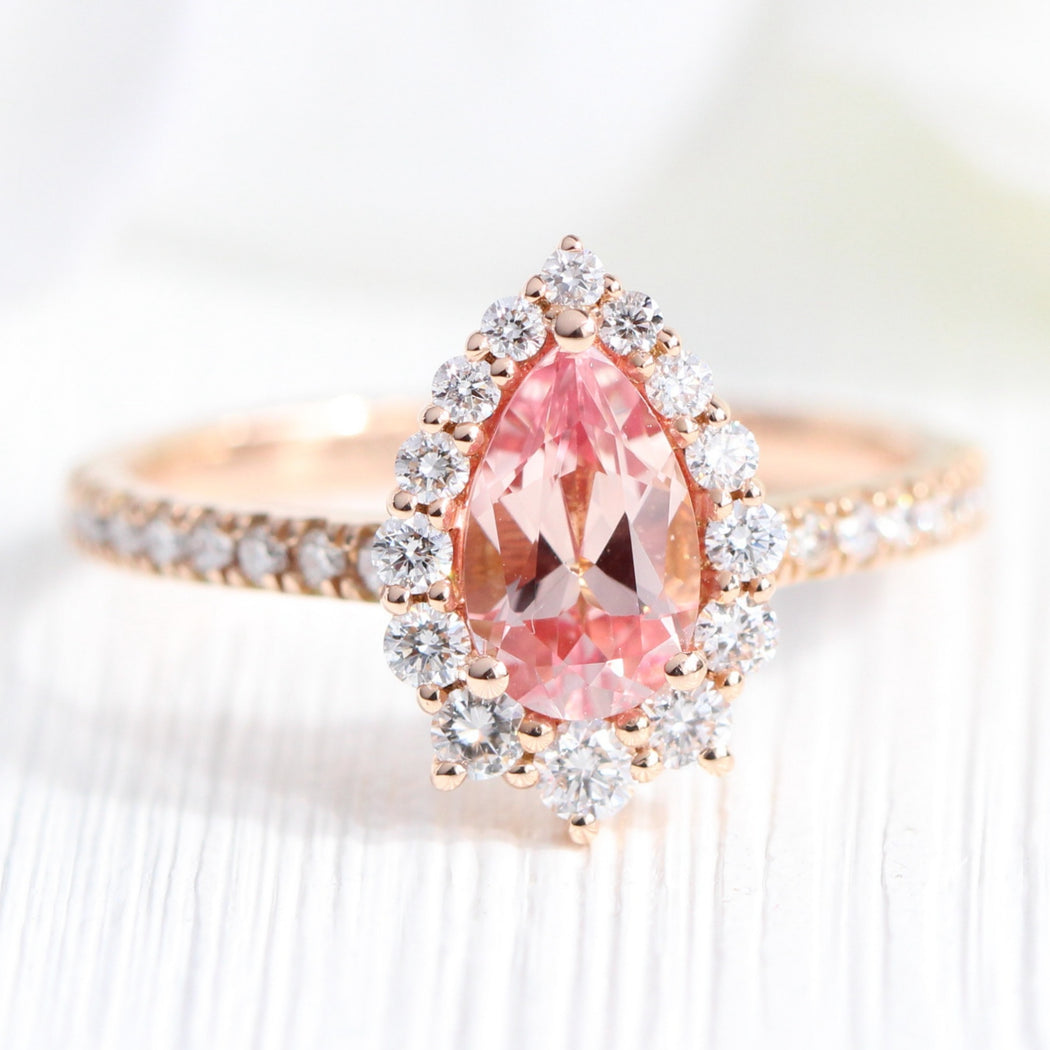 Pear Cut Peach Sapphire Engagement Ring Rose Gold Halo Diamond Ring ...