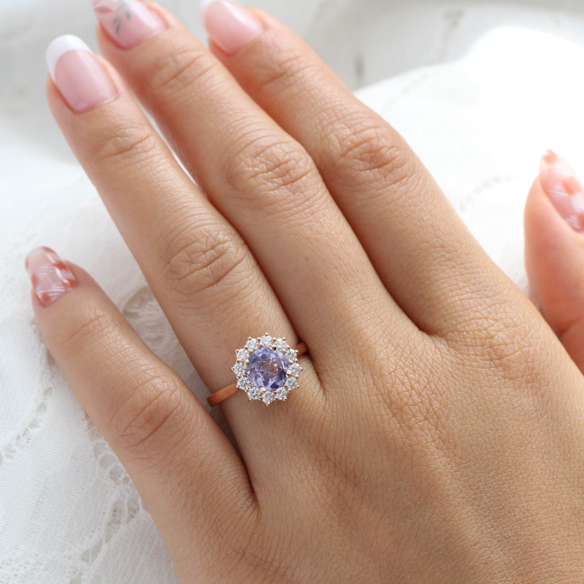 round lavender sapphire ring rose gold large halo diamond engagement ring la more design jewelry