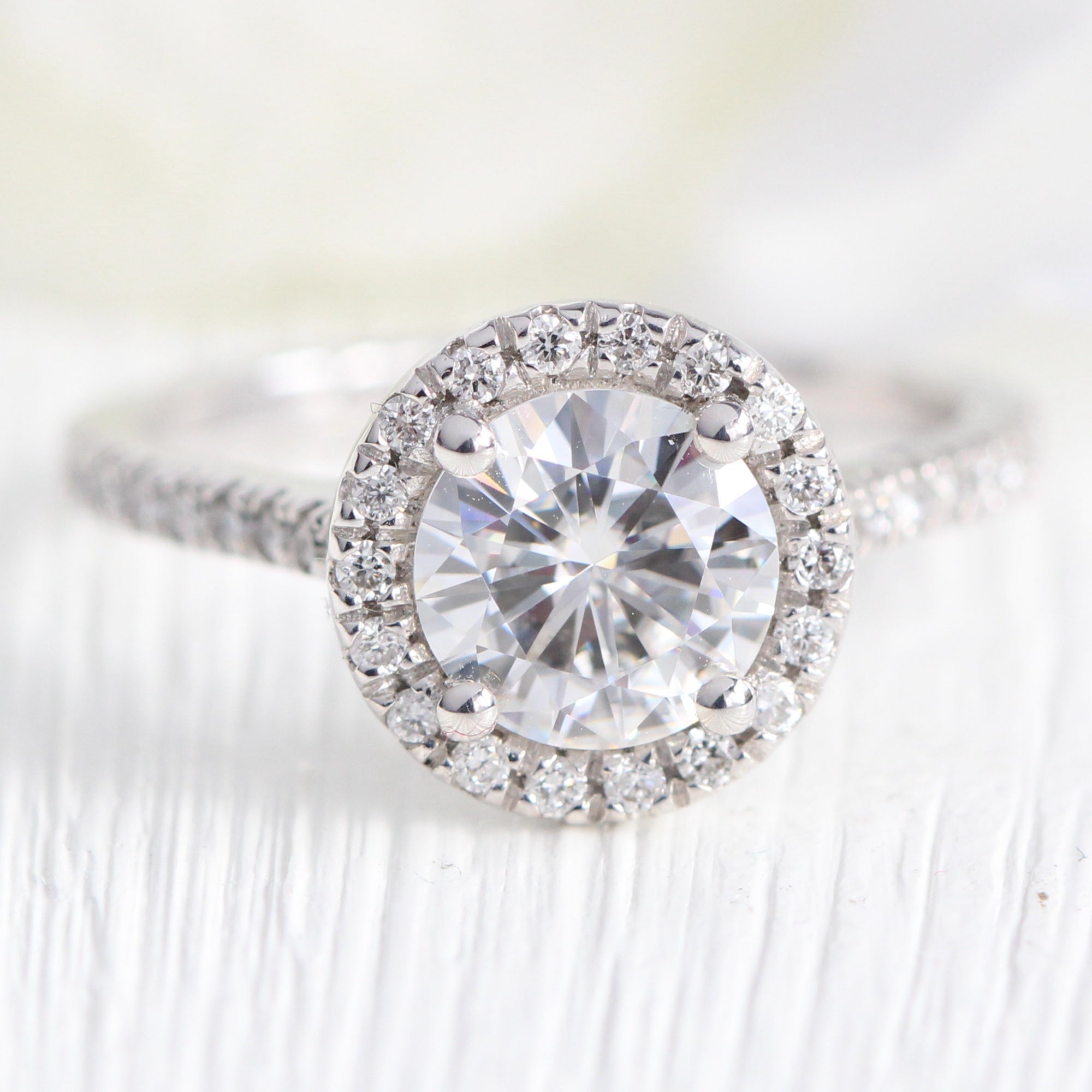 14K White Gold Halo Diamond Moissanite Engagement Ring