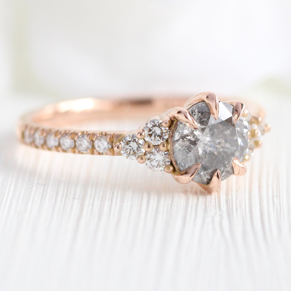 Round Salt and Pepper Diamond Engagement Ring Rose Gold 3 Stone Ring ...