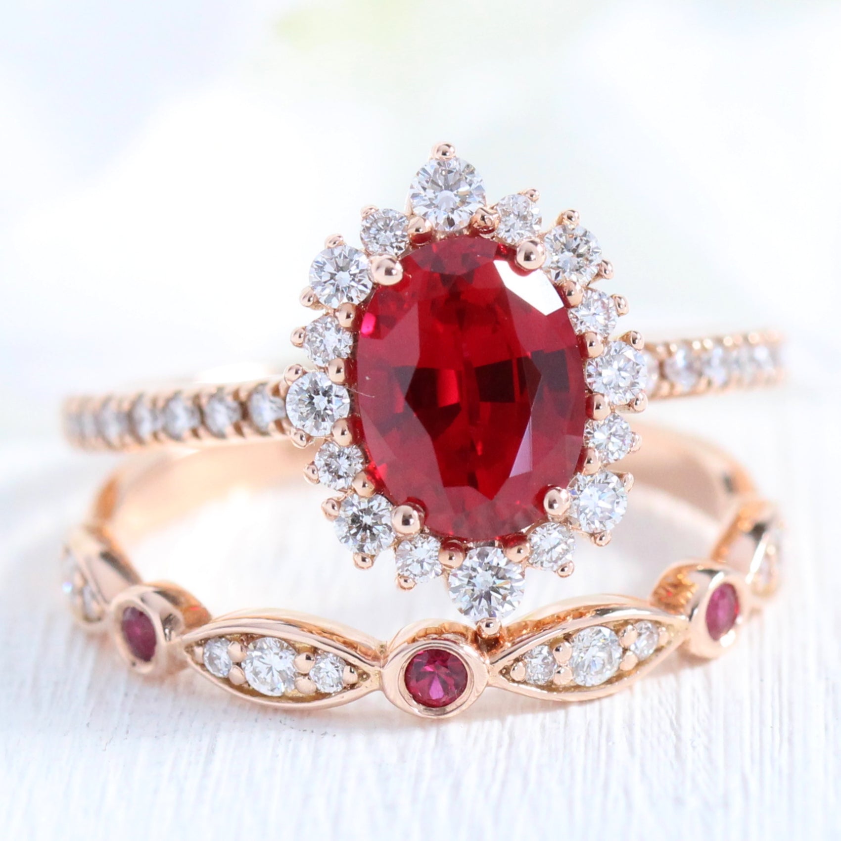 ruby engagement ring rose gold halo diamond bridal set and diamond ruby wedding band by la more design jewelry