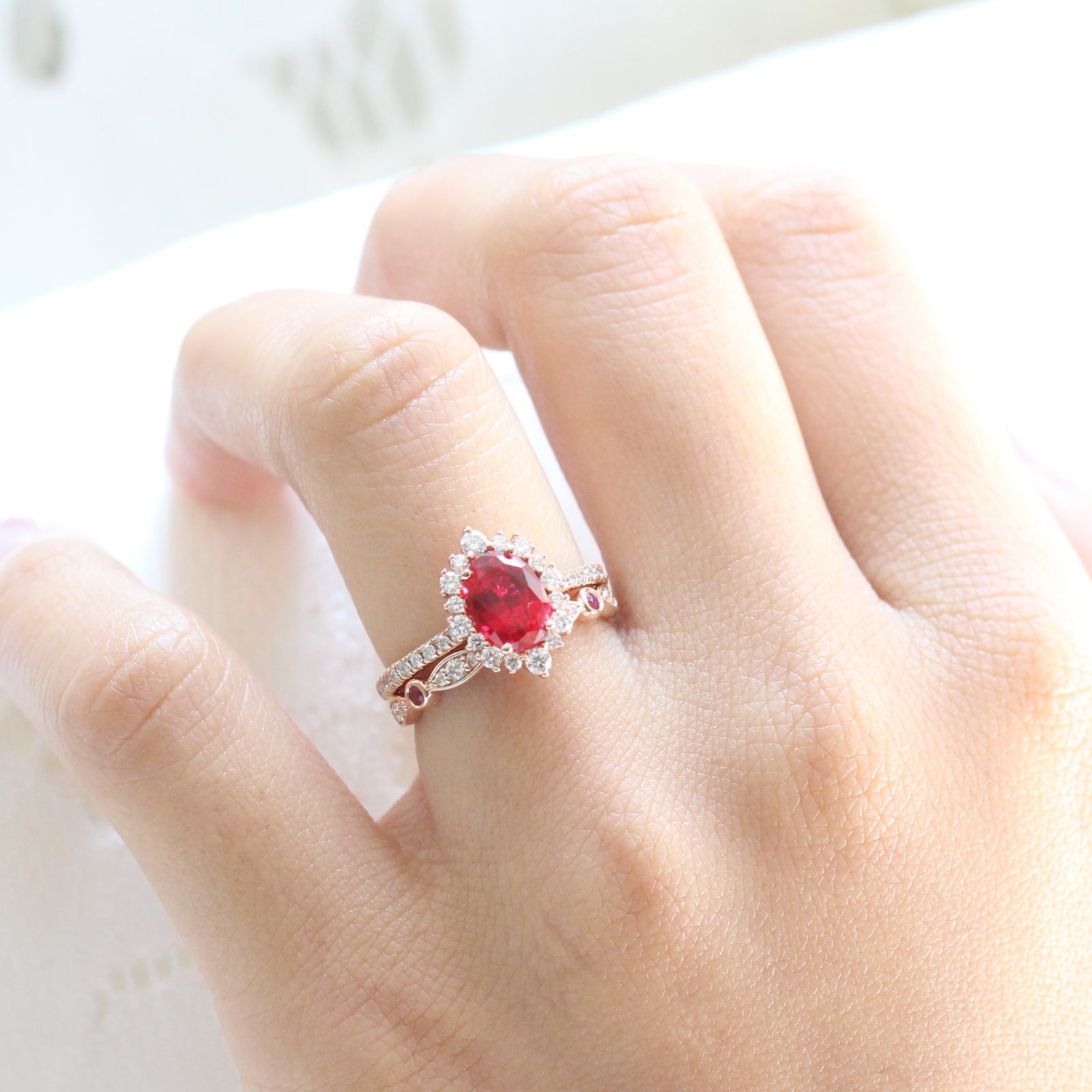 ruby engagement ring rose gold halo diamond bridal set and diamond ruby wedding band by la more design jewelry