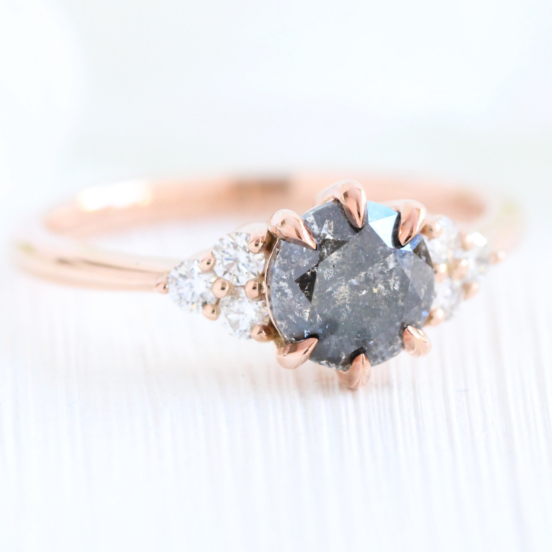 salt and pepper diamond engagement ring rose gold 3 stone ring grey diamond ring la more design jewelry