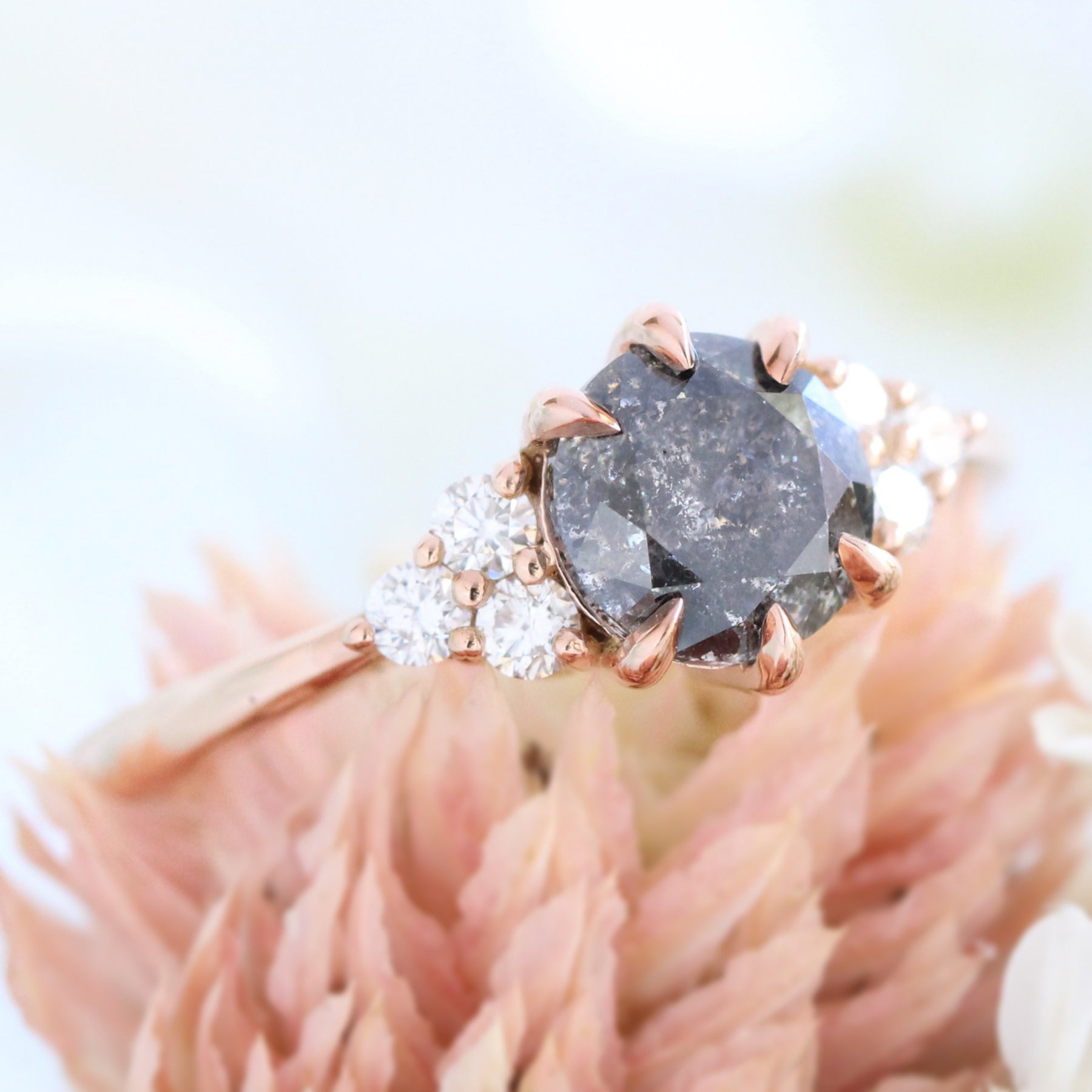 salt and pepper diamond engagement ring rose gold 3 stone ring grey diamond ring la more design jewelry