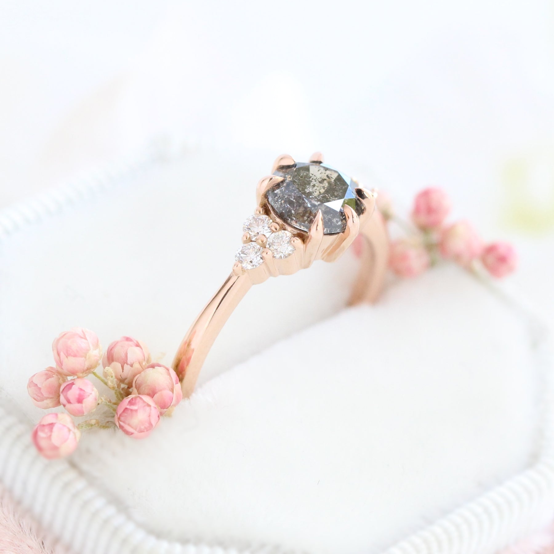 salt and pepper diamond engagement ring rose gold 3 stone ring grey diamond ring la more design jewelry