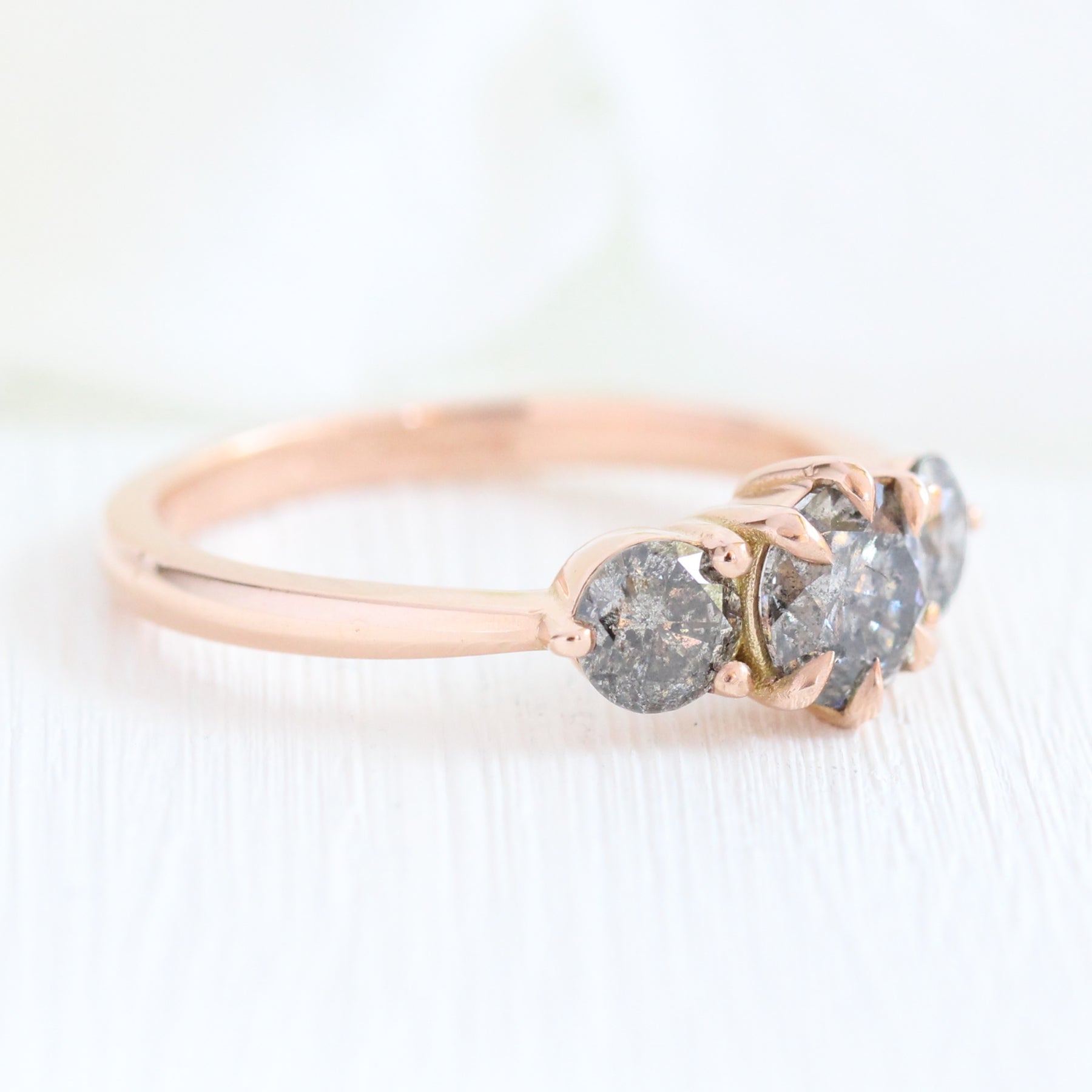 salt and pepper grey diamond ring rose gold 3 stone ring la more design jewelry