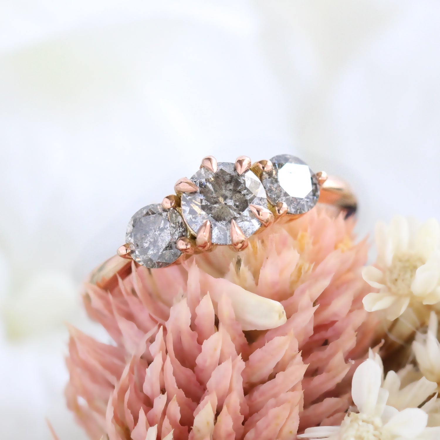 salt and pepper grey diamond ring rose gold 3 stone ring la more design jewelry