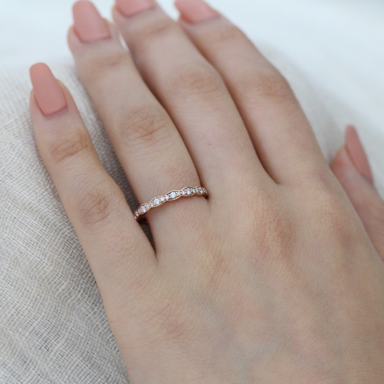 Scalloped diamond wedding band rose gold half eternity ring la more design jewelry