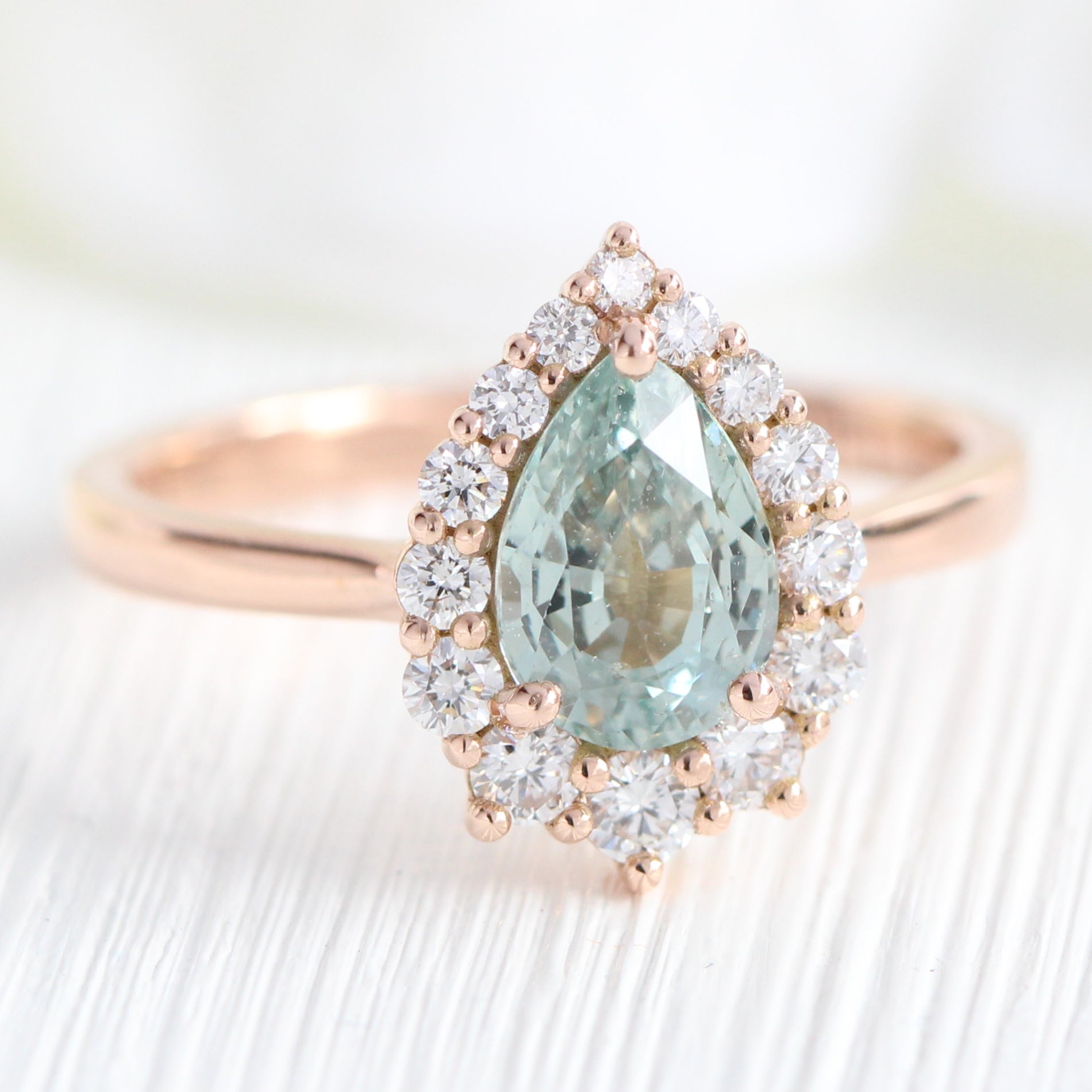 seafoam green sapphire ring rose gold halo diamond pear engagement ring la more design jewelry