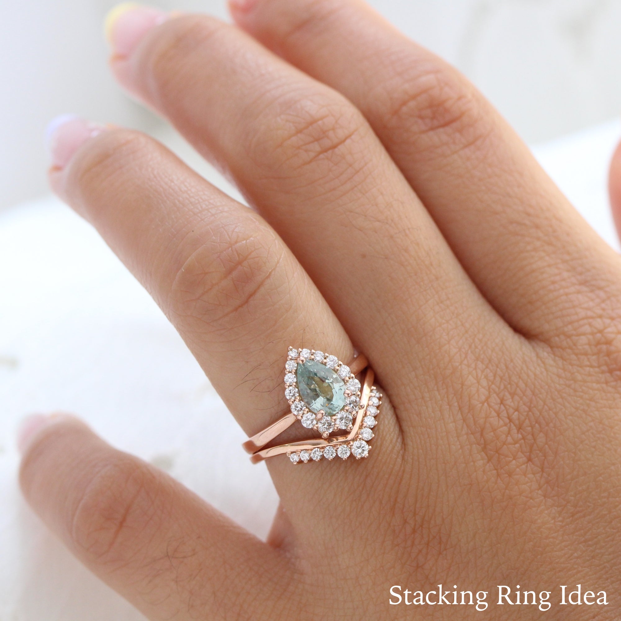 seafoam green sapphire ring rose gold halo diamond pear engagement ring la more design jewelry