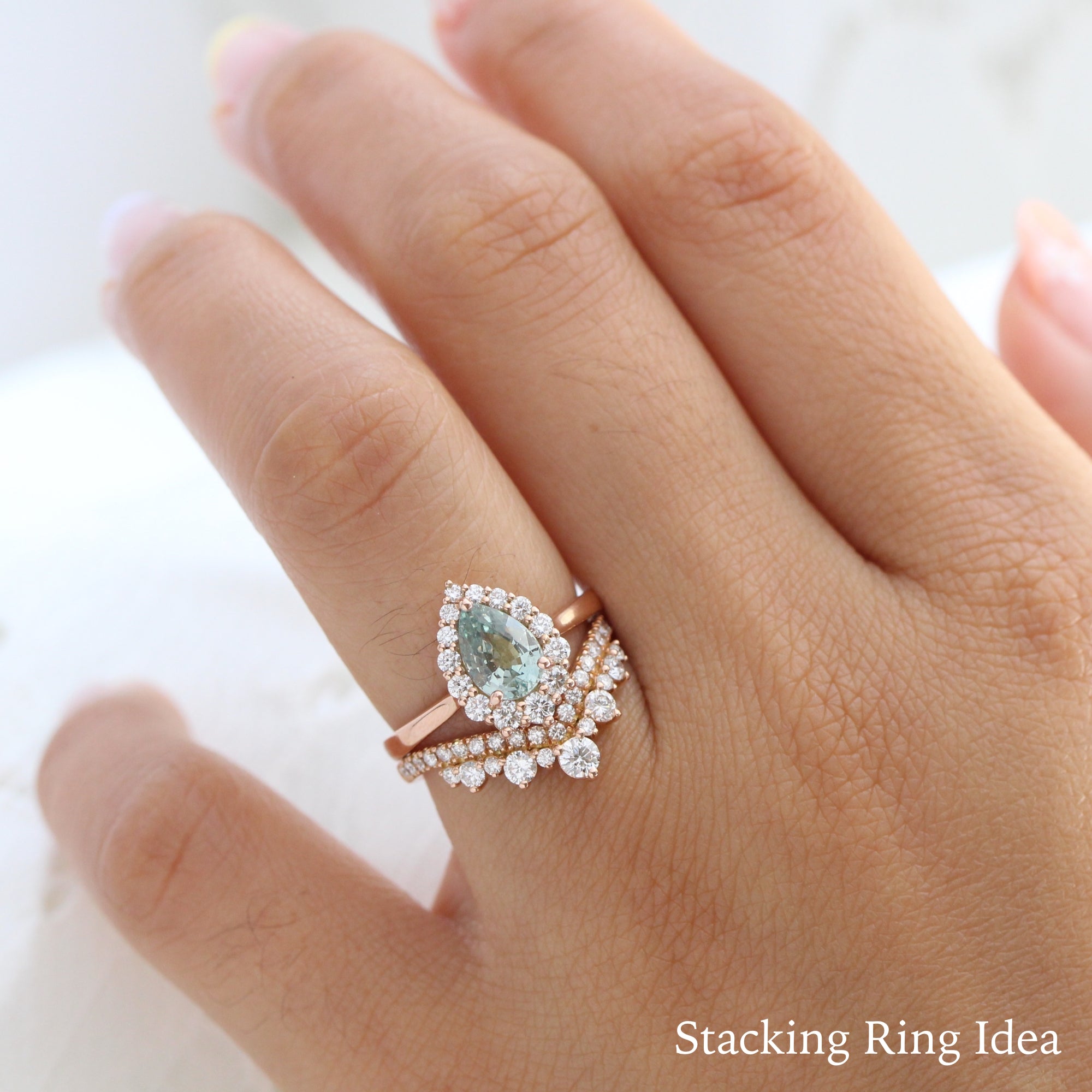 seafoam green sapphire ring rose gold halo diamond pear engagement ring la more design jewelry