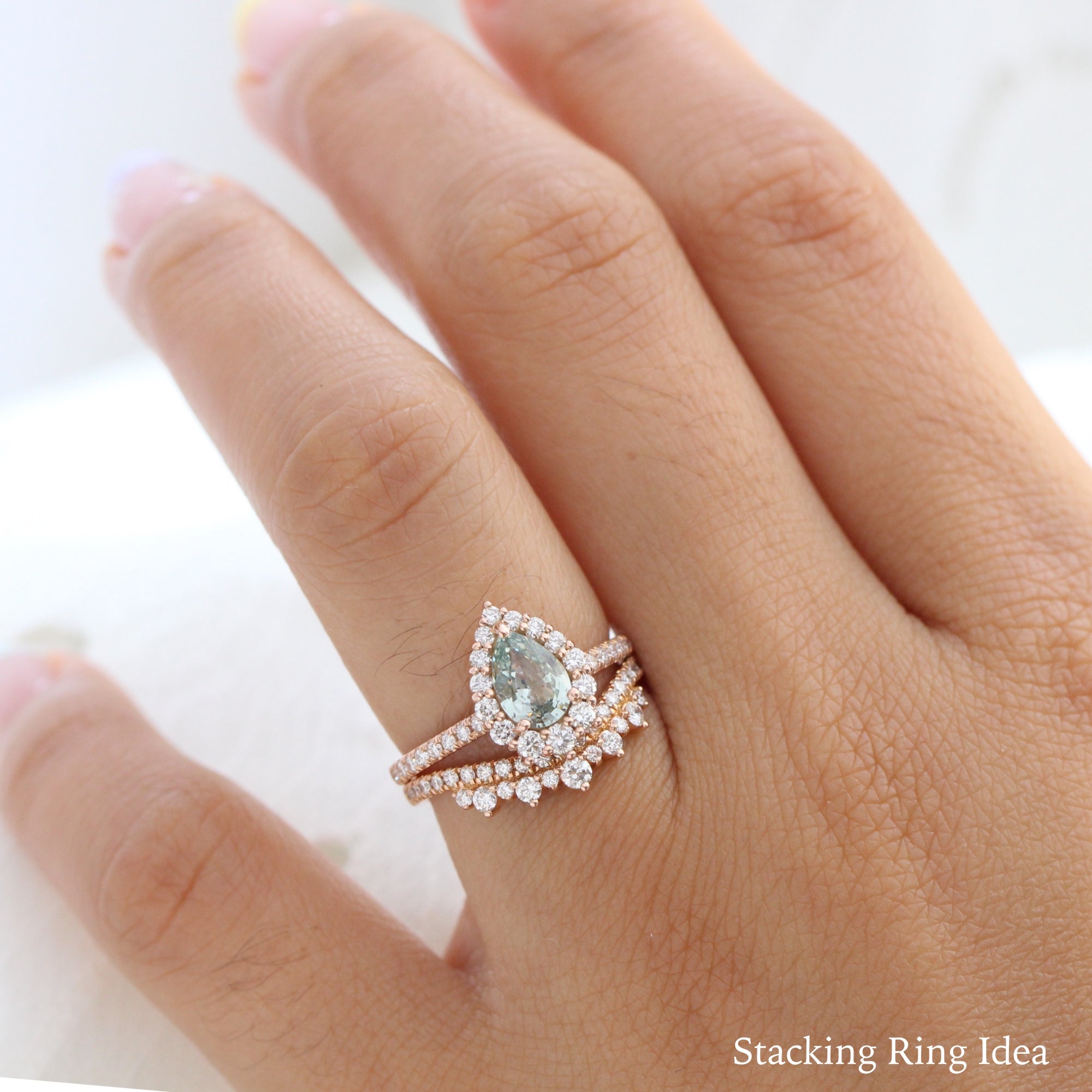 seafoam green sapphire ring rose gold halo diamond pear engagement ring la more design jewelry