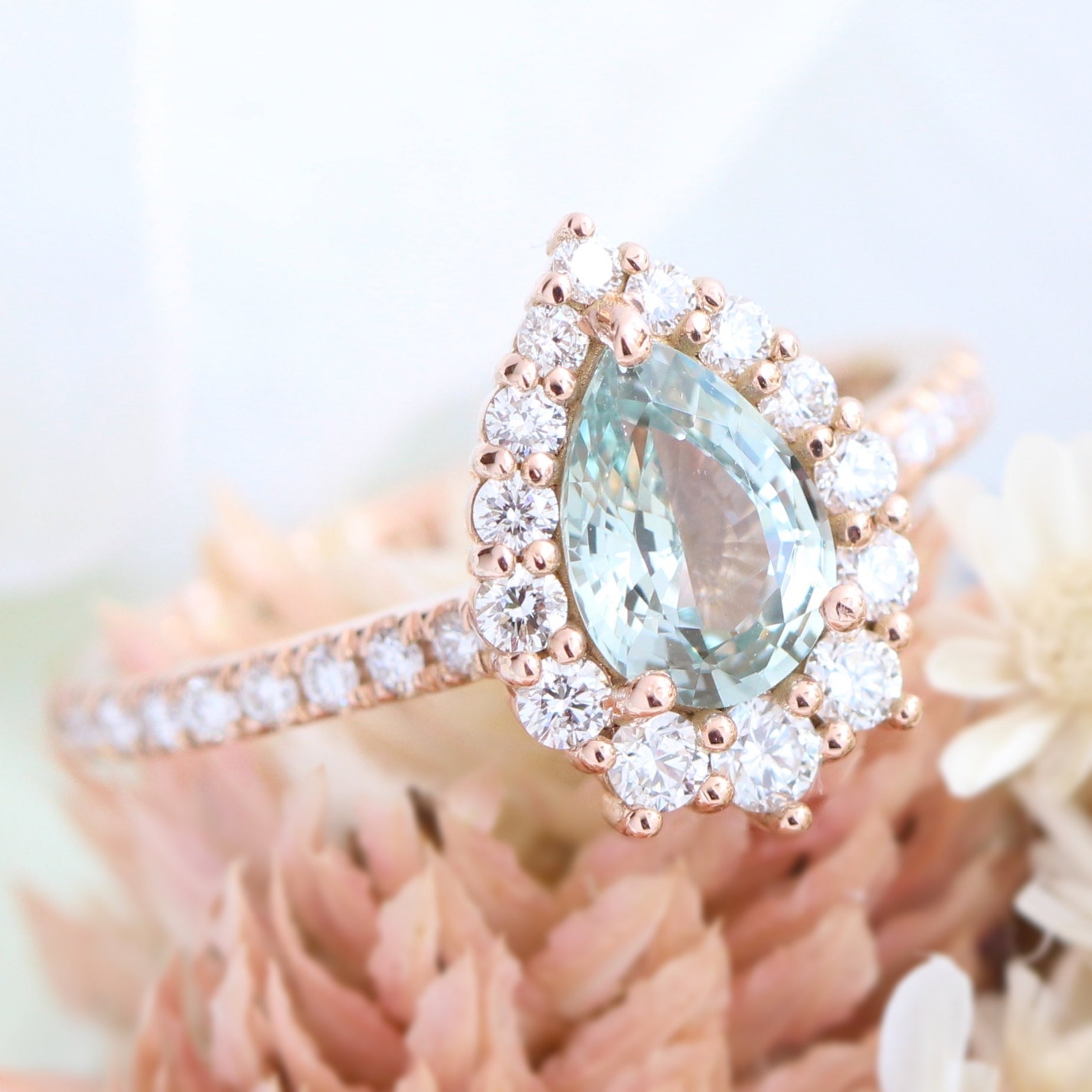 seafoam green sapphire ring rose gold halo diamond pear engagement ring la more design jewelry