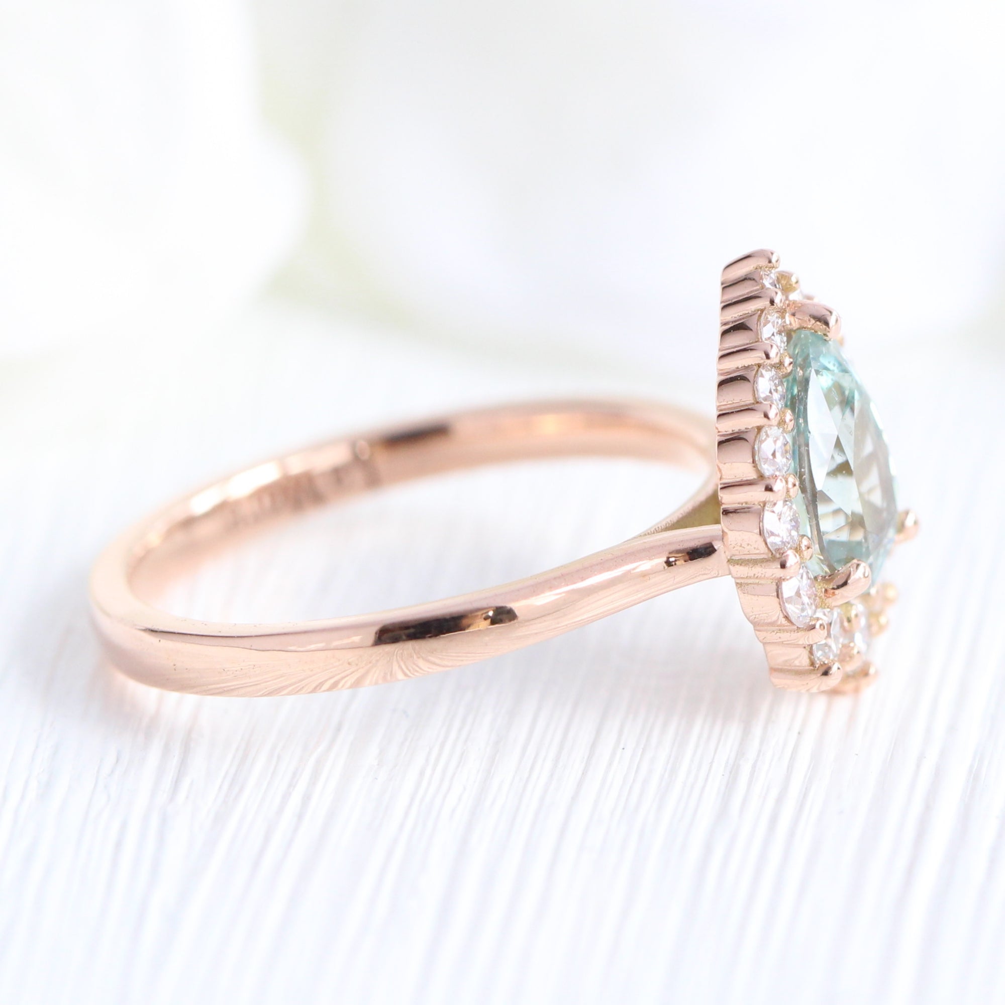 seafoam green sapphire ring rose gold halo diamond pear engagement ring la more design jewelry