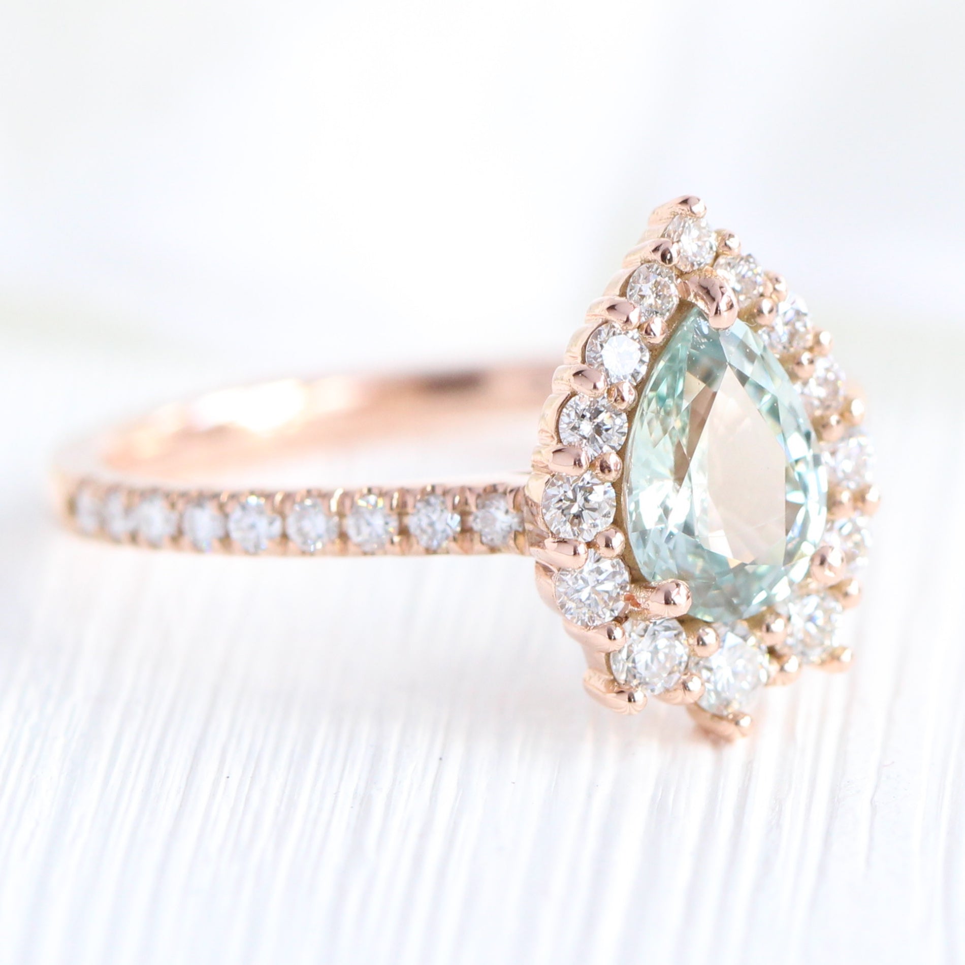 seafoam green sapphire ring rose gold halo diamond pear engagement ring la more design jewelry