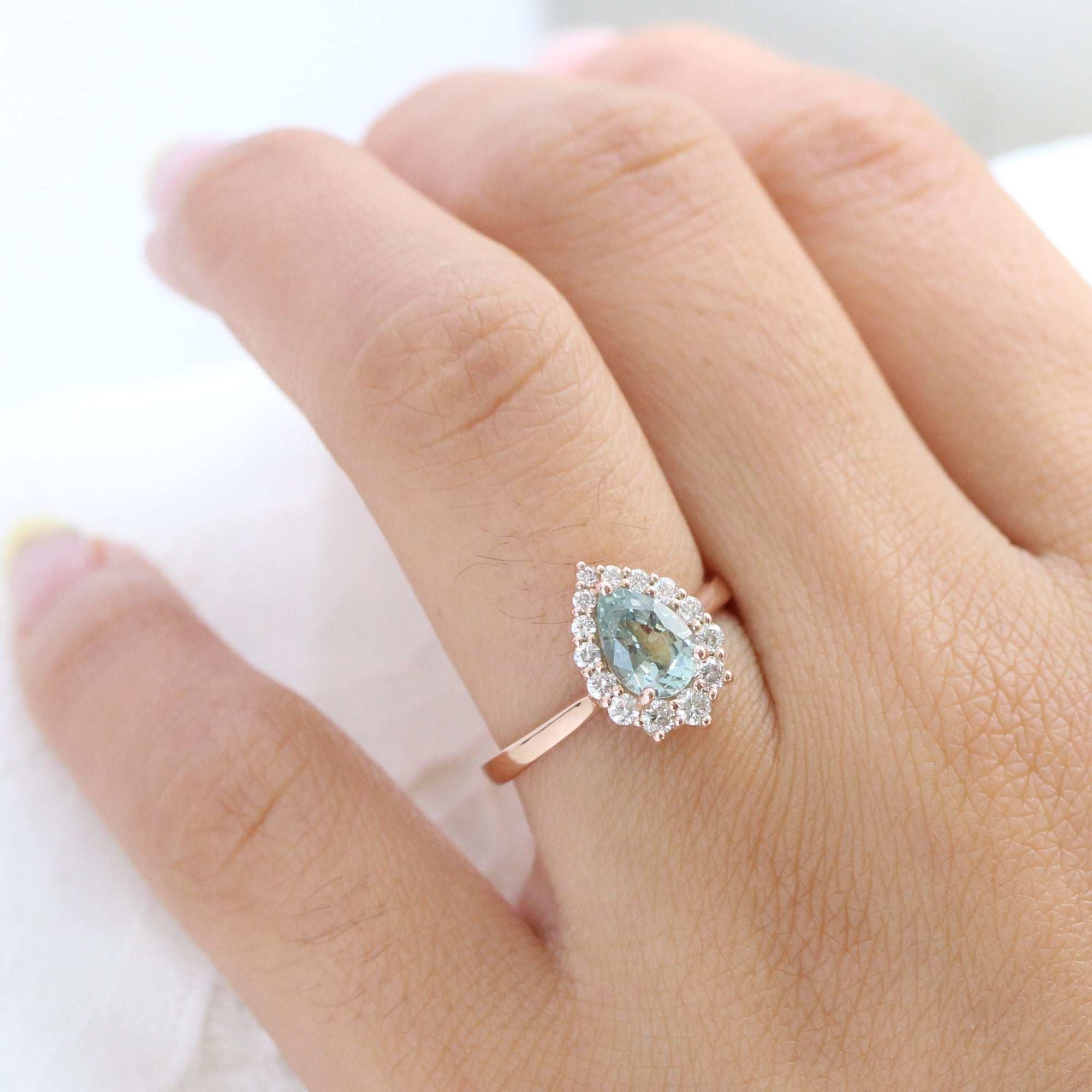 seafoam green sapphire ring rose gold halo diamond pear engagement ring la more design jewelry