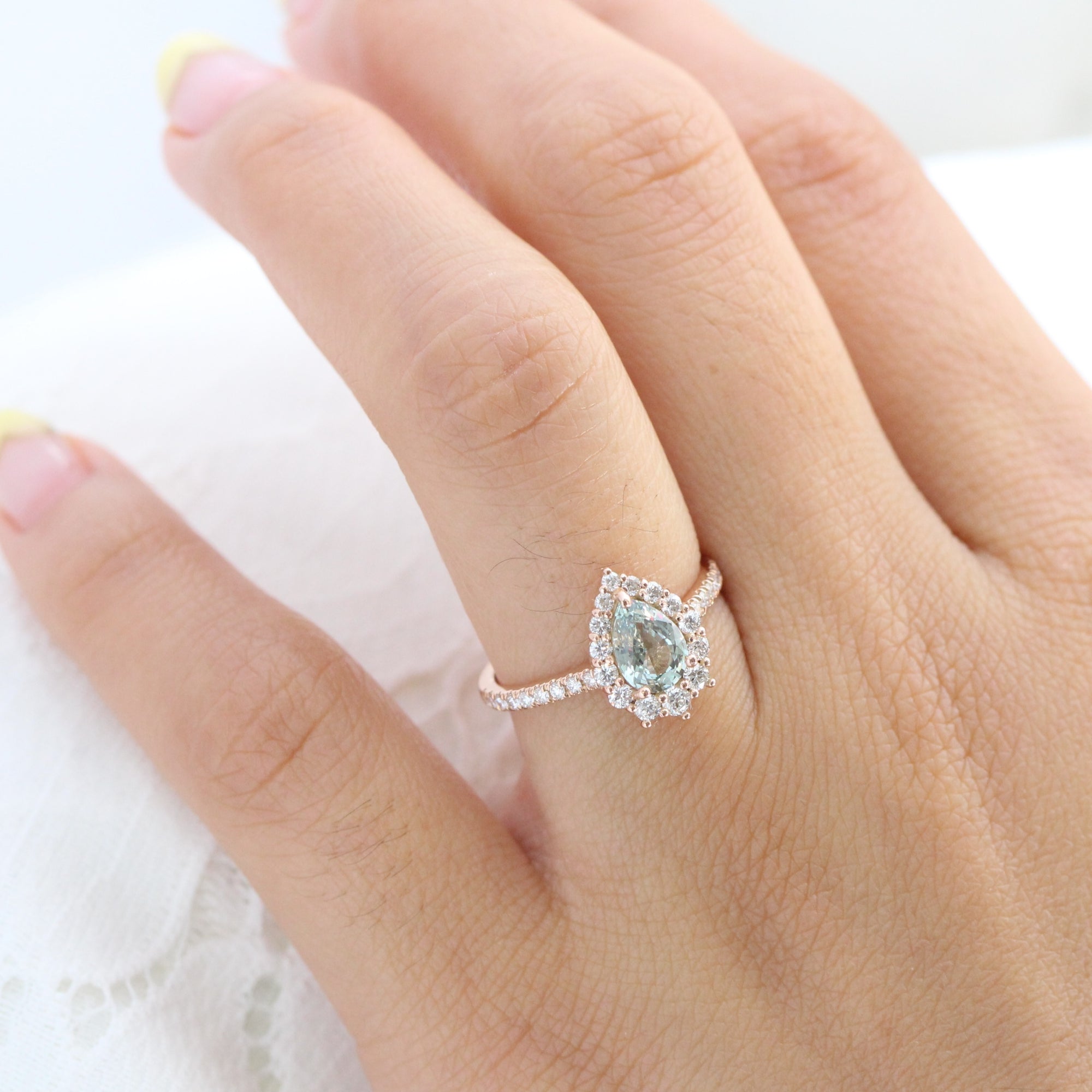 seafoam green sapphire ring rose gold halo diamond pear engagement ring la more design jewelry